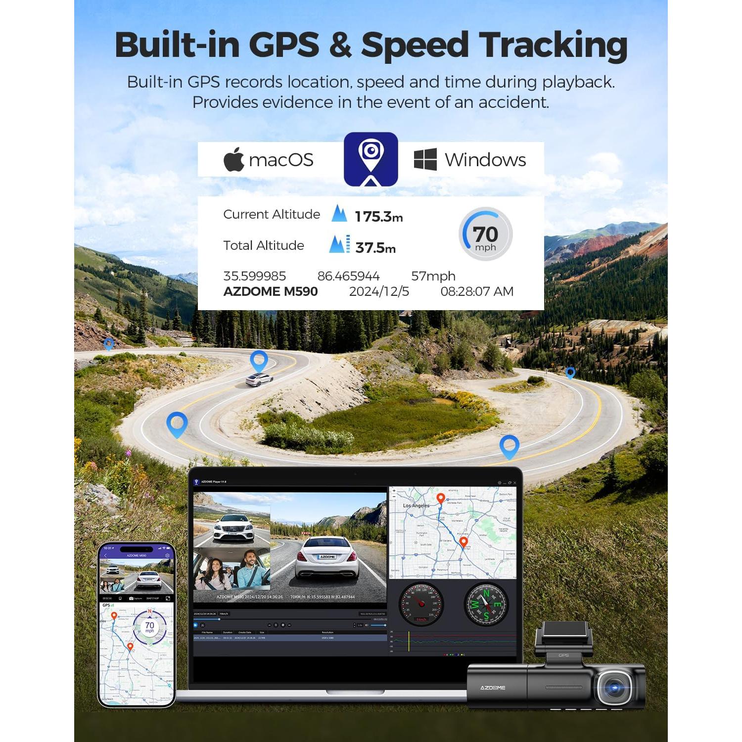AZDOME 3 Channel WiFi 6 Dash Camera for Cars, 2.5K+1080P+1080P Dash Cam Front and Rear Inside, 64GB Card Included, 3.18" IPS Screen Car Camera with GPS, Parking Mode, IR Night Vision, WDR (M590)