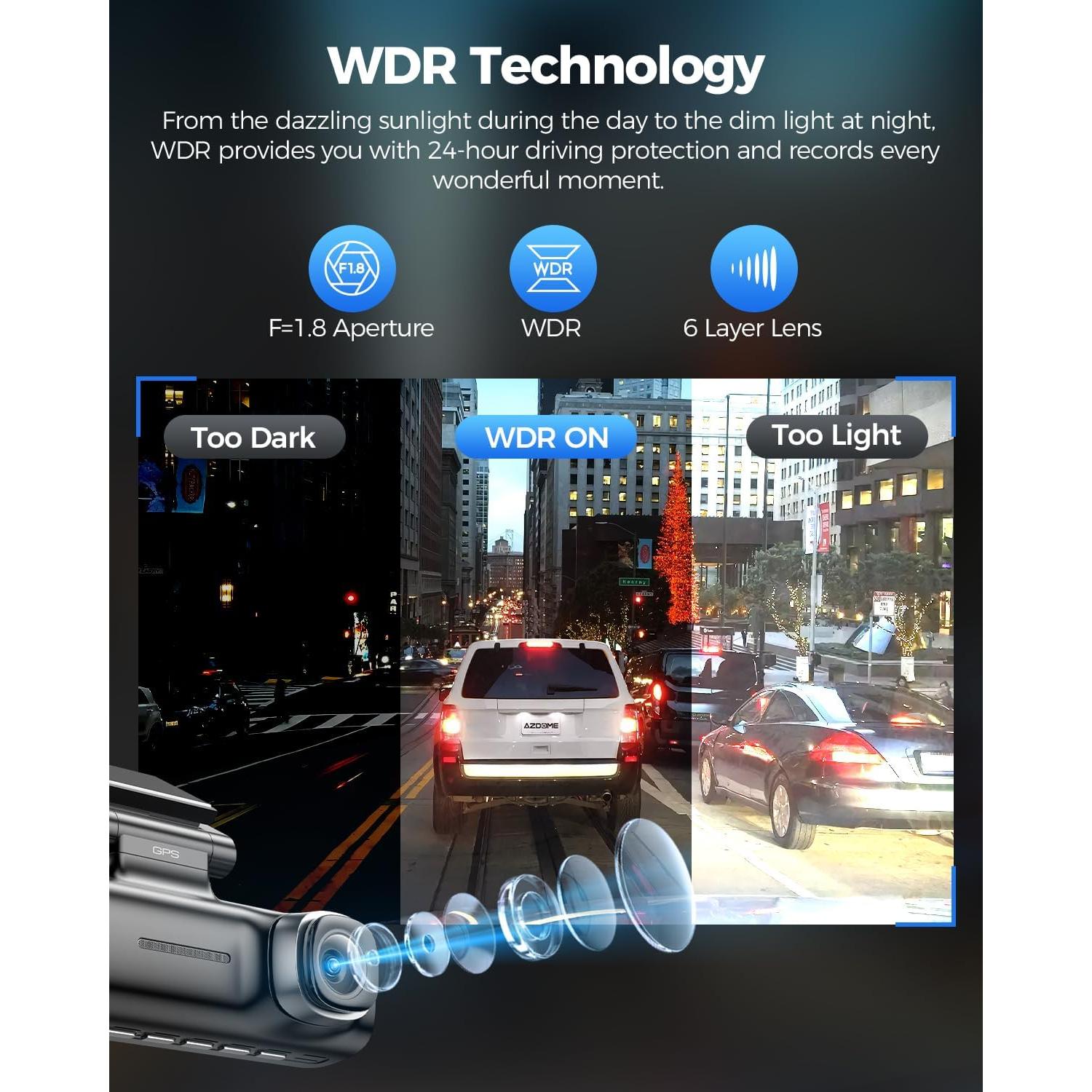 AZDOME 3 Channel WiFi 6 Dash Camera for Cars, 2.5K+1080P+1080P Dash Cam Front and Rear Inside, 64GB Card Included, 3.18" IPS Screen Car Camera with GPS, Parking Mode, IR Night Vision, WDR (M590)