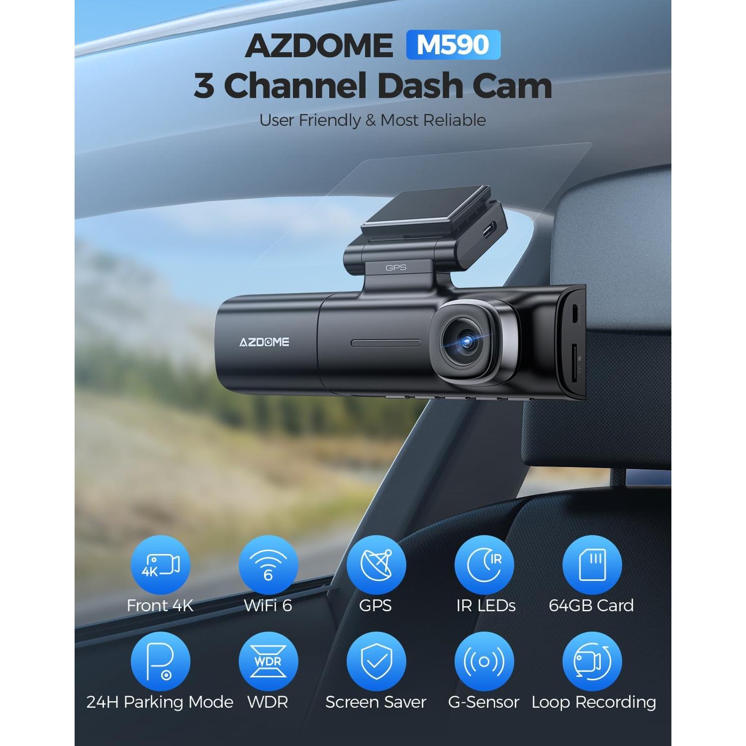 AZDOME 3 Channel WiFi 6 Dash Camera for Cars, 2.5K+1080P+1080P Dash Cam Front and Rear Inside, 64GB Card Included, 3.18" IPS Screen Car Camera with GPS, Parking Mode, IR Night Vision, WDR (M590)