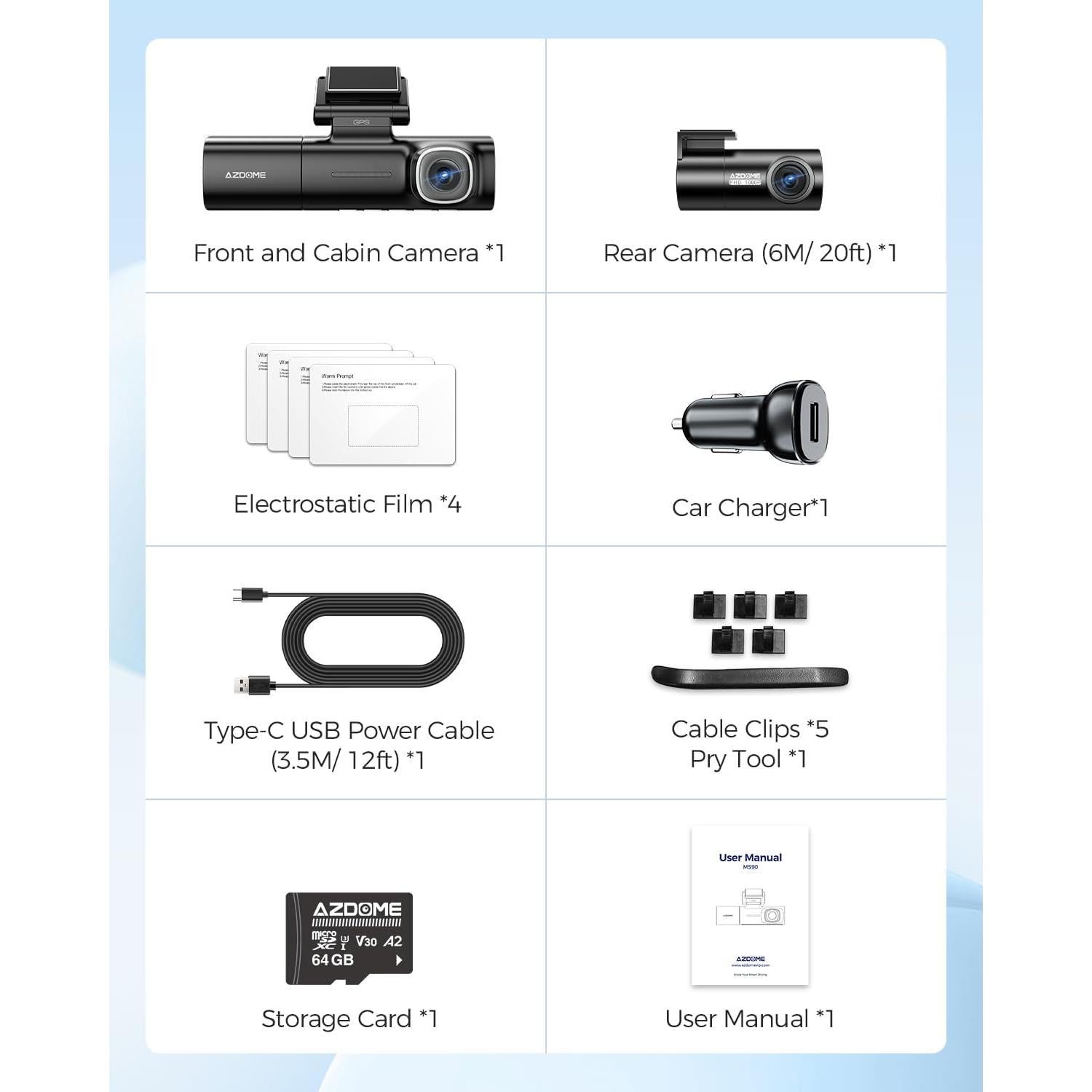 AZDOME 3 Channel WiFi 6 Dash Camera for Cars, 2.5K+1080P+1080P Dash Cam Front and Rear Inside, 64GB Card Included, 3.18" IPS Screen Car Camera with GPS, Parking Mode, IR Night Vision, WDR (M590)