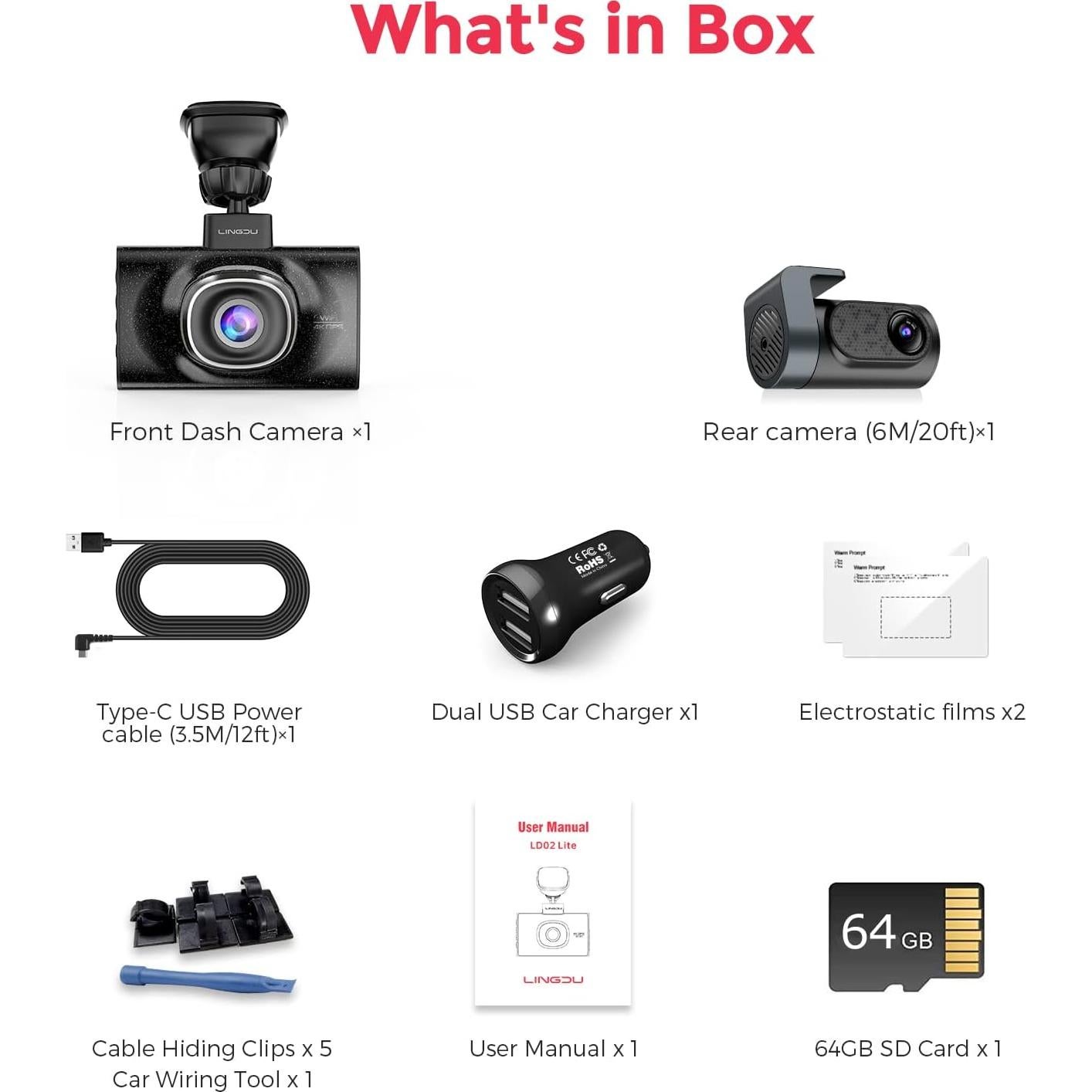 LD02 Lite 4K Dash Cam Front and Rear, Car Dash Camera 5G WiFi GPS, Free 64GB SD Card, Voice Control, WDR Night Vision, 24H Parking Mode, 3" IPS Screen, G-Sensor