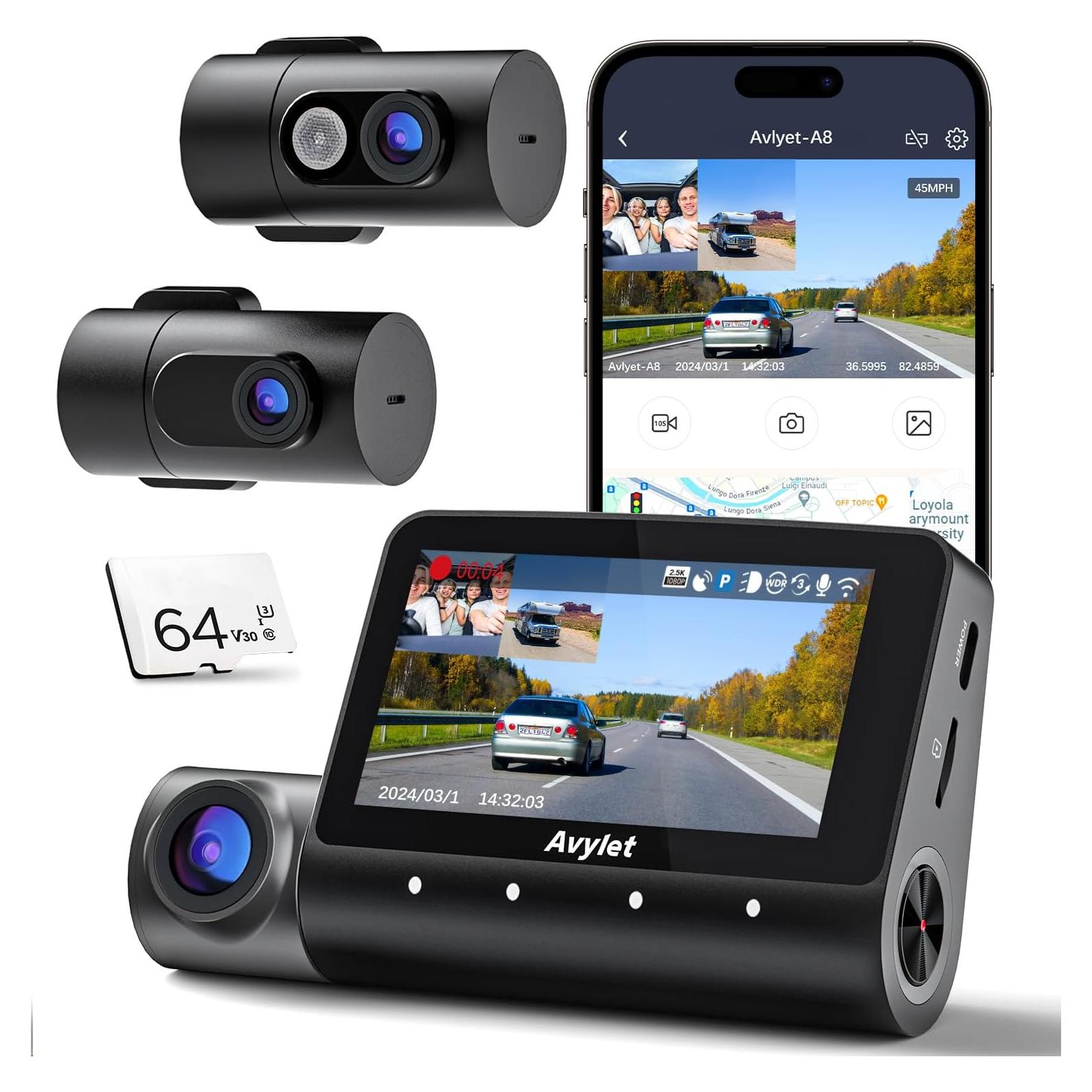 5K 3 Channel Dash Cam, Wi-Fi GPS with 64GB Card, 4K+1080P+1080P Front and Rear Inside Triple Car Camera with 3'' IPS Screen, IR Night Vision, Voice Control, 24H Parking Monitor, 512GB Max