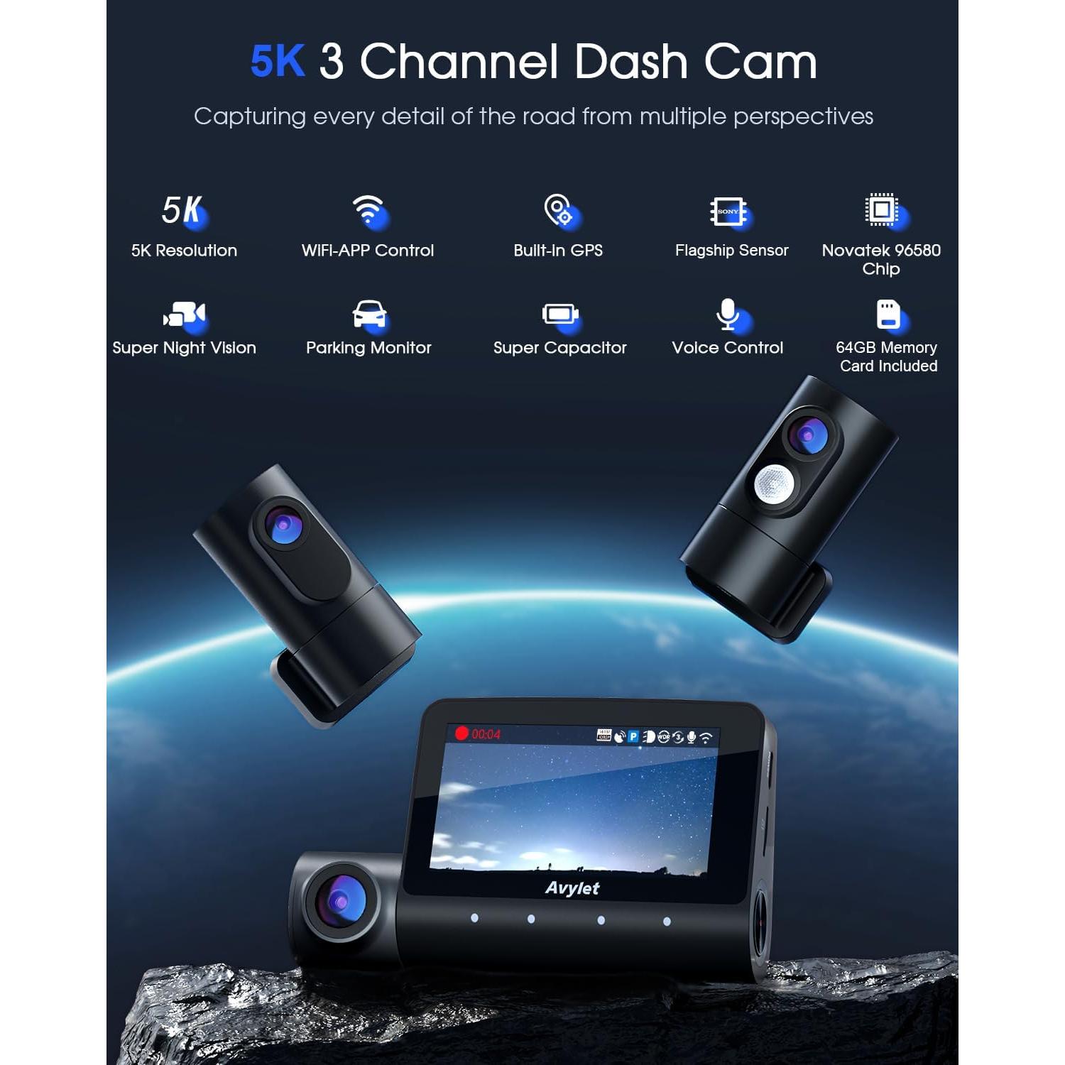 5K 3 Channel Dash Cam, Wi-Fi GPS with 64GB Card, 4K+1080P+1080P Front and Rear Inside Triple Car Camera with 3'' IPS Screen, IR Night Vision, Voice Control, 24H Parking Monitor, 512GB Max