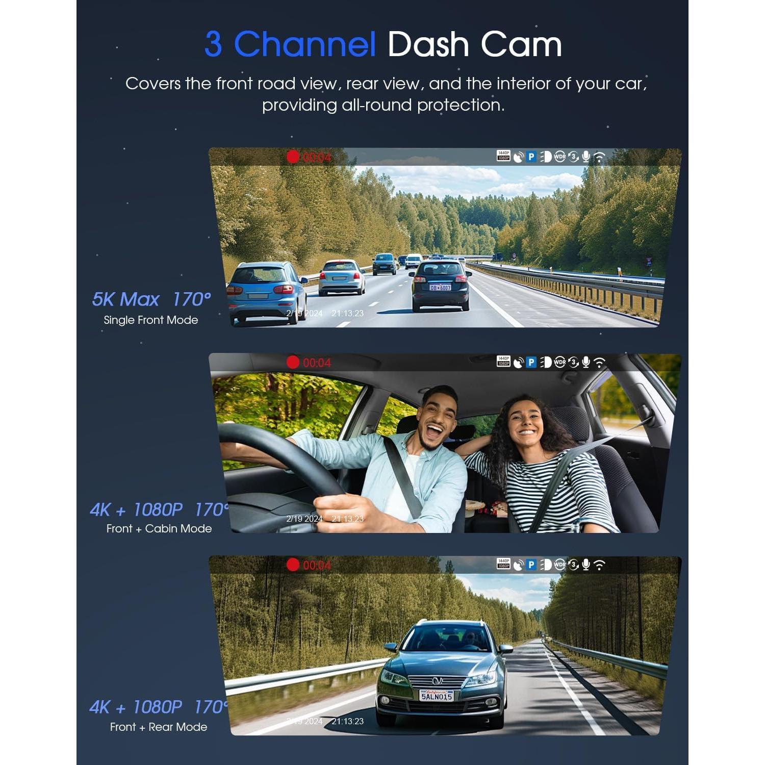 5K 3 Channel Dash Cam, Wi-Fi GPS with 64GB Card, 4K+1080P+1080P Front and Rear Inside Triple Car Camera with 3'' IPS Screen, IR Night Vision, Voice Control, 24H Parking Monitor, 512GB Max