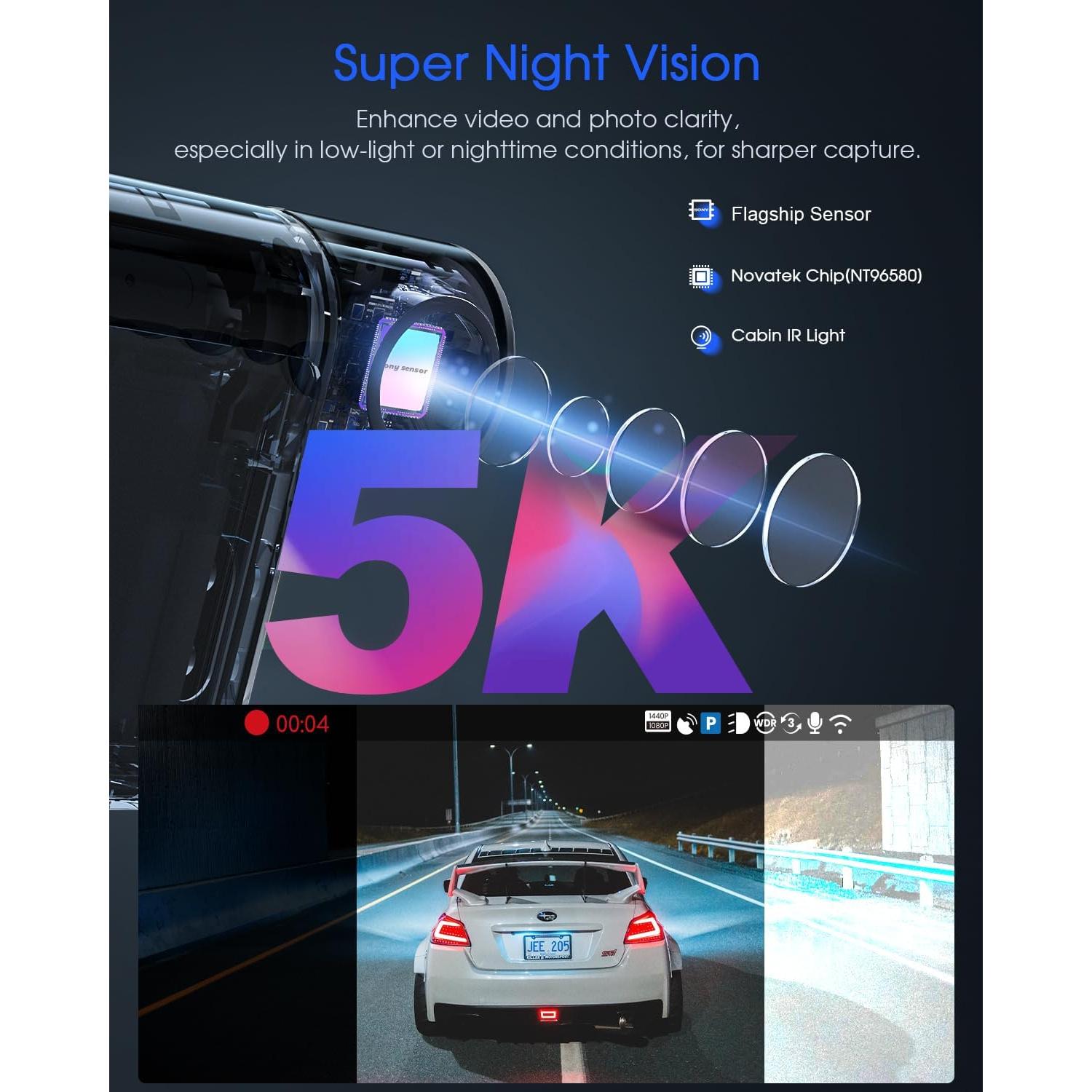 5K 3 Channel Dash Cam, Wi-Fi GPS with 64GB Card, 4K+1080P+1080P Front and Rear Inside Triple Car Camera with 3'' IPS Screen, IR Night Vision, Voice Control, 24H Parking Monitor, 512GB Max