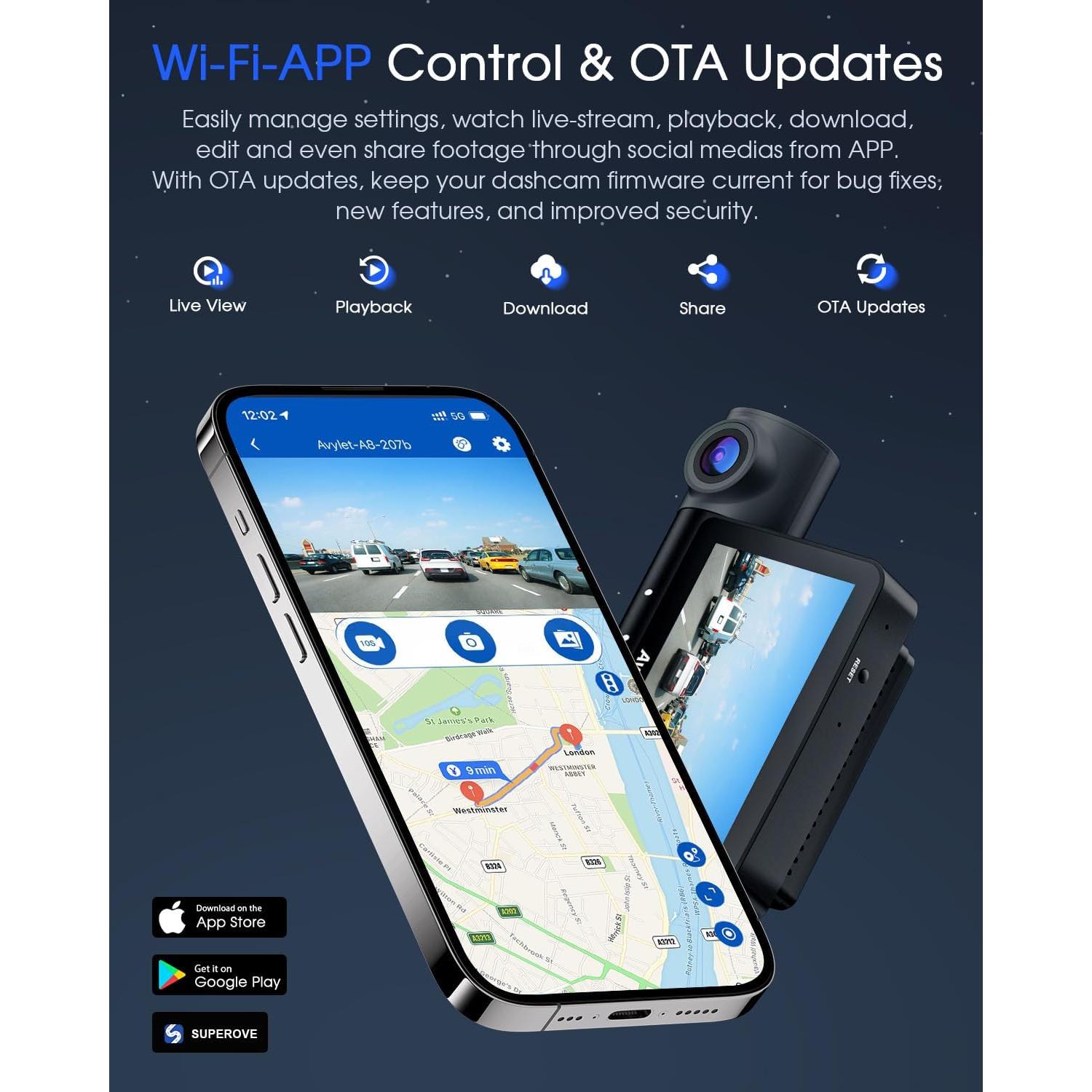 5K 3 Channel Dash Cam, Wi-Fi GPS with 64GB Card, 4K+1080P+1080P Front and Rear Inside Triple Car Camera with 3'' IPS Screen, IR Night Vision, Voice Control, 24H Parking Monitor, 512GB Max