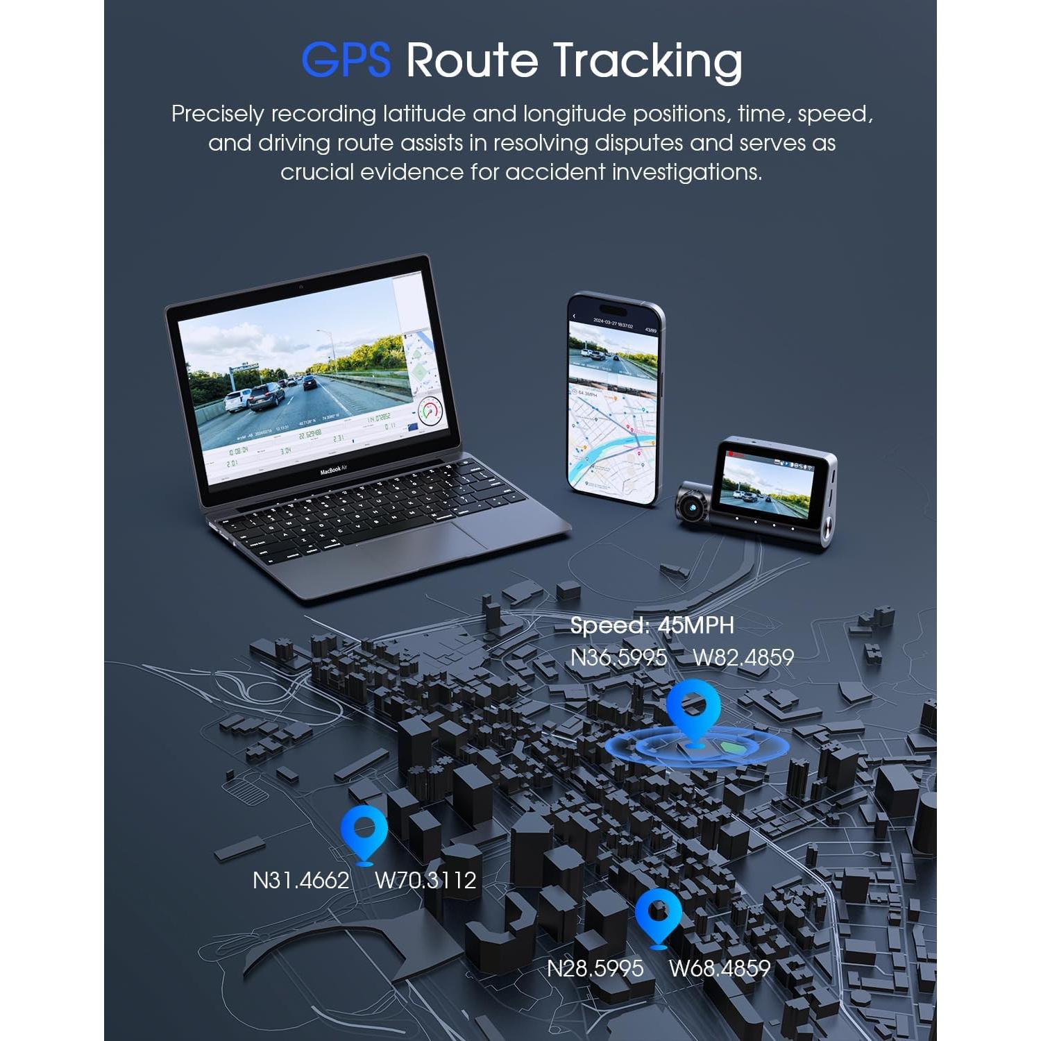 5K 3 Channel Dash Cam, Wi-Fi GPS with 64GB Card, 4K+1080P+1080P Front and Rear Inside Triple Car Camera with 3'' IPS Screen, IR Night Vision, Voice Control, 24H Parking Monitor, 512GB Max