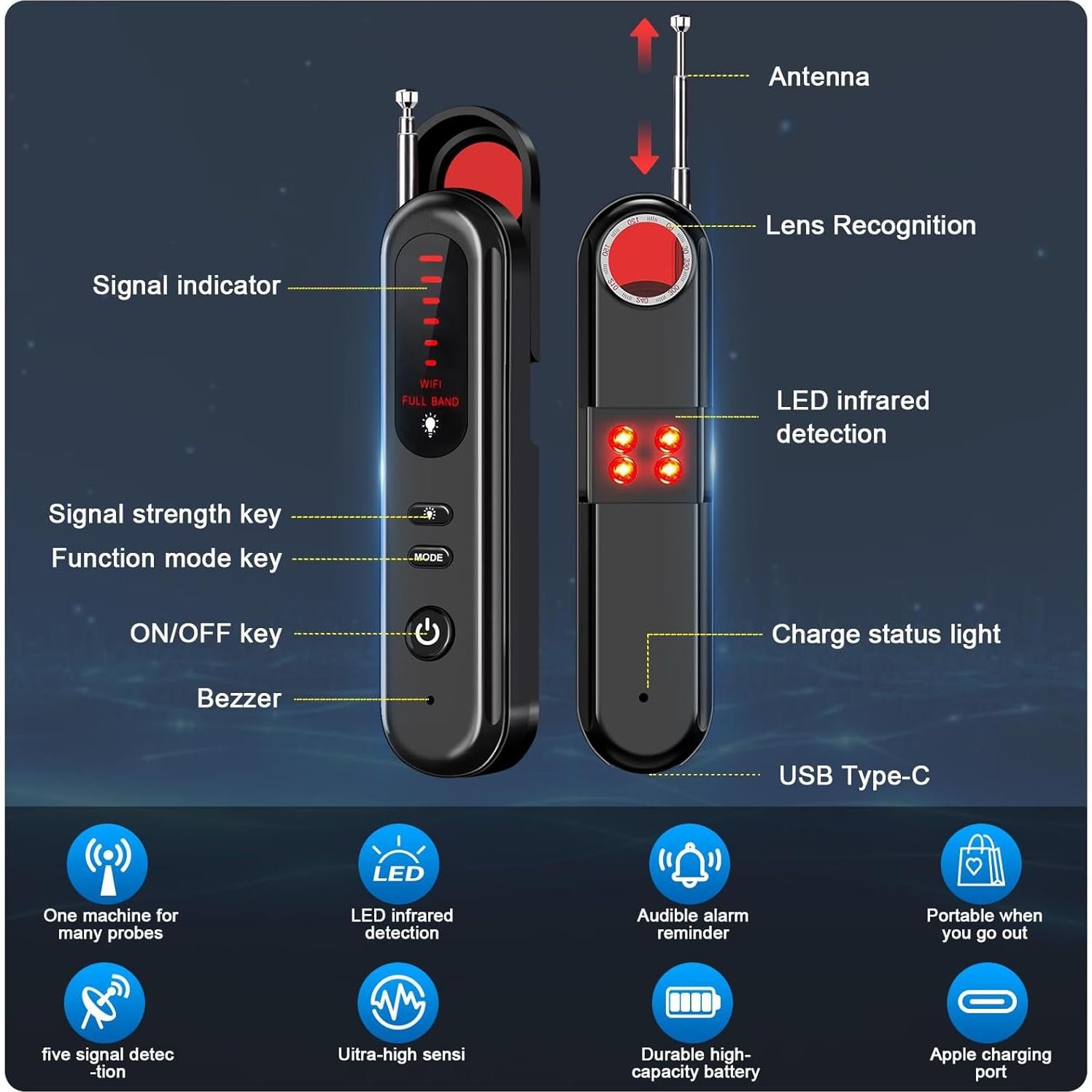 Detector de Cámara Oculta SEVENPARK T01 Portátil 5 Niveles Sensibilidad