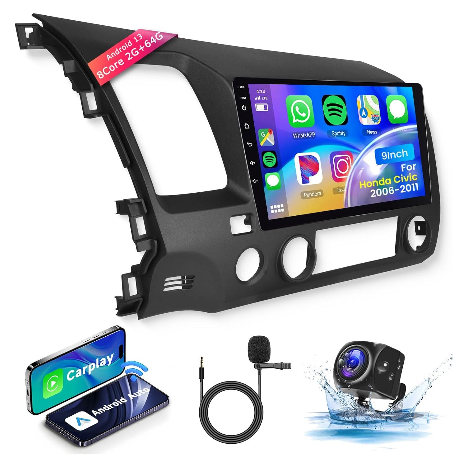 Car Stereo for Honda Civic 2006-2011 Wireless Carplay Android Auto,【8Core 2+64G】 9“ 1280X720P IPS Touch Screen Radio,Android/GPS/WiFi/32EQ 𝐃𝐒𝐏/59UI/Bluetooth5.0/SWC/Backup Camera Car Radio