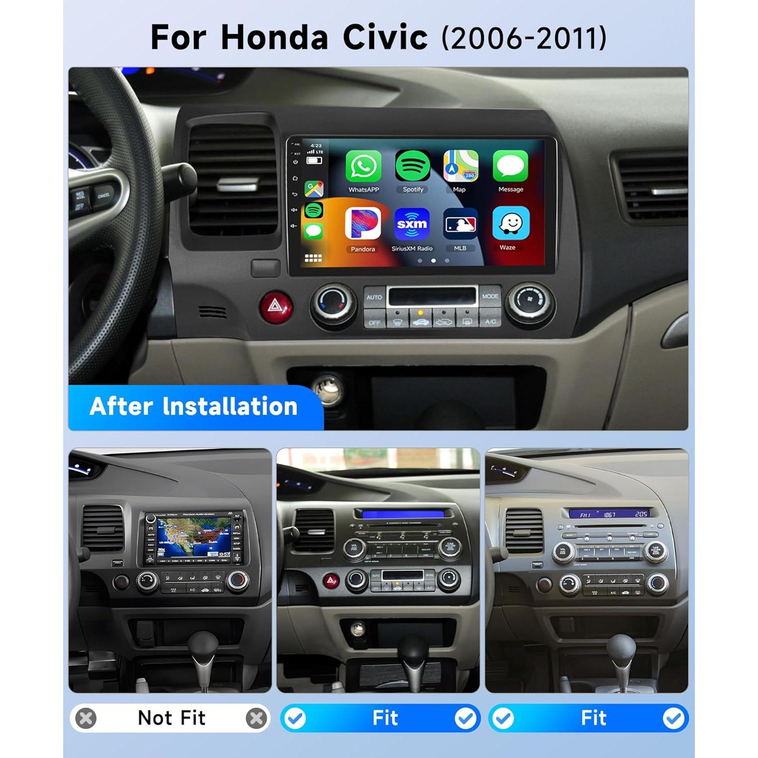 Car Stereo for Honda Civic 2006-2011 Wireless Carplay Android Auto,【8Core 2+64G】 9“ 1280X720P IPS Touch Screen Radio,Android/GPS/WiFi/32EQ 𝐃𝐒𝐏/59UI/Bluetooth5.0/SWC/Backup Camera Car Radio