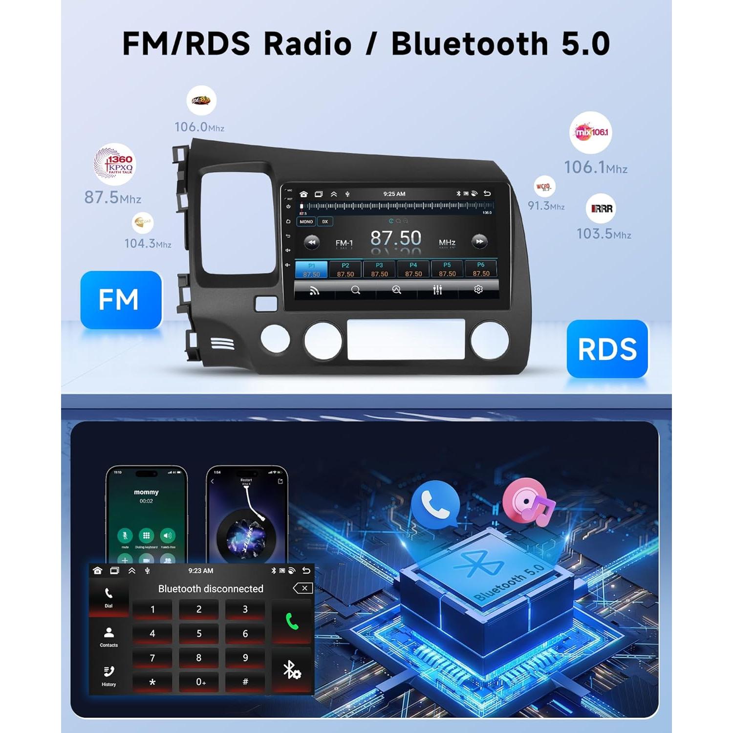 Car Stereo for Honda Civic 2006-2011 Wireless Carplay Android Auto,【8Core 2+64G】 9“ 1280X720P IPS Touch Screen Radio,Android/GPS/WiFi/32EQ 𝐃𝐒𝐏/59UI/Bluetooth5.0/SWC/Backup Camera Car Radio