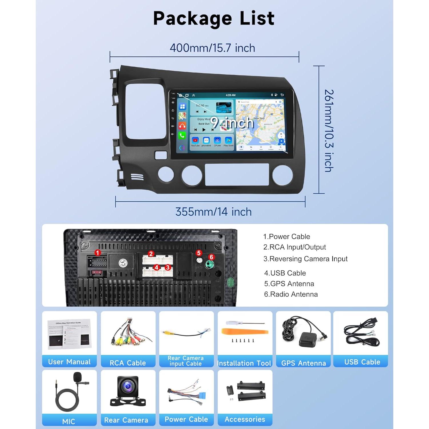 Car Stereo for Honda Civic 2006-2011 Wireless Carplay Android Auto,【8Core 2+64G】 9“ 1280X720P IPS Touch Screen Radio,Android/GPS/WiFi/32EQ 𝐃𝐒𝐏/59UI/Bluetooth5.0/SWC/Backup Camera Car Radio