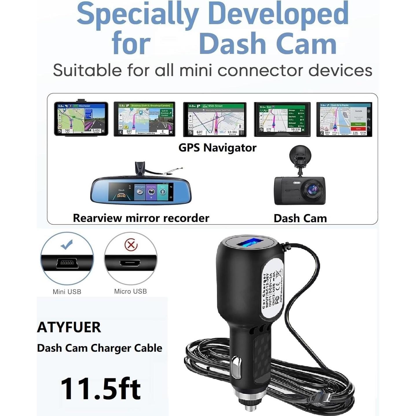 Cable de Carga Mini USB ATYFUER para Dash Cam y GPS 3.5m