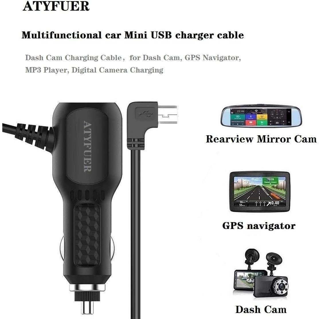 Cable de Carga Mini USB ATYFUER para Dash Cam y GPS 3.5m