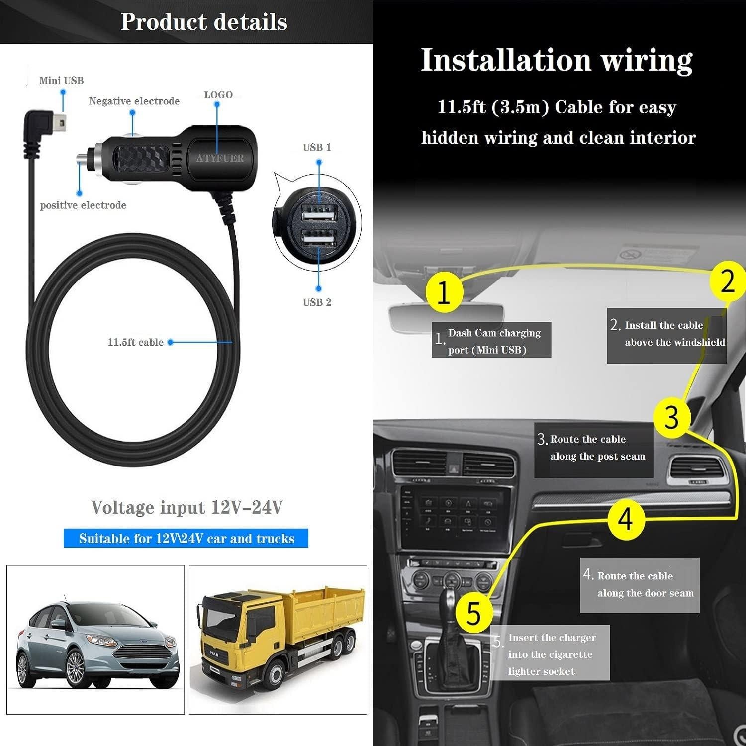 Cable de Carga Mini USB ATYFUER para Dash Cam y GPS 3.5m