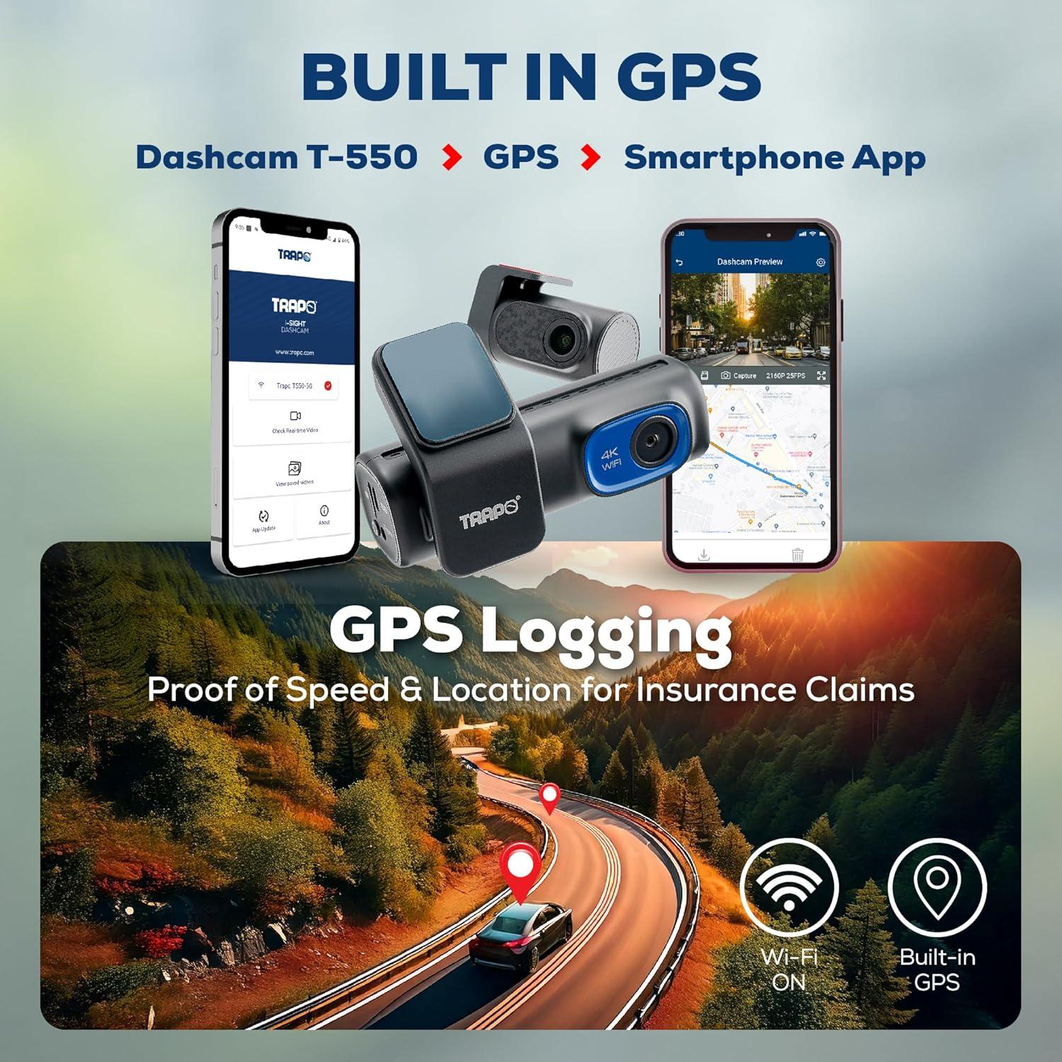 Cámara Dash Trapo T550 4K Delantera y 1080p Trasera GPS