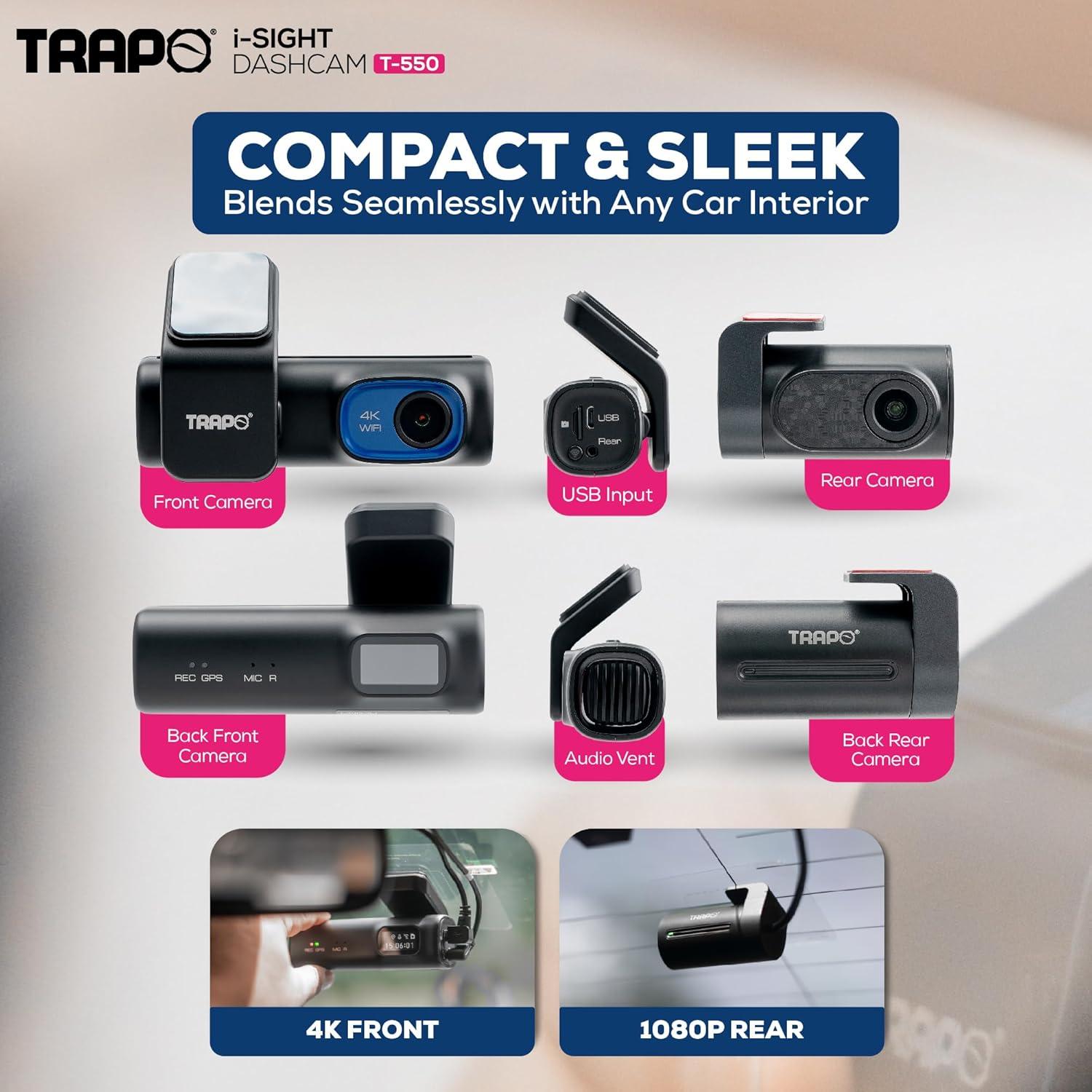 Cámara Dash Trapo T550 4K Delantera y 1080p Trasera GPS