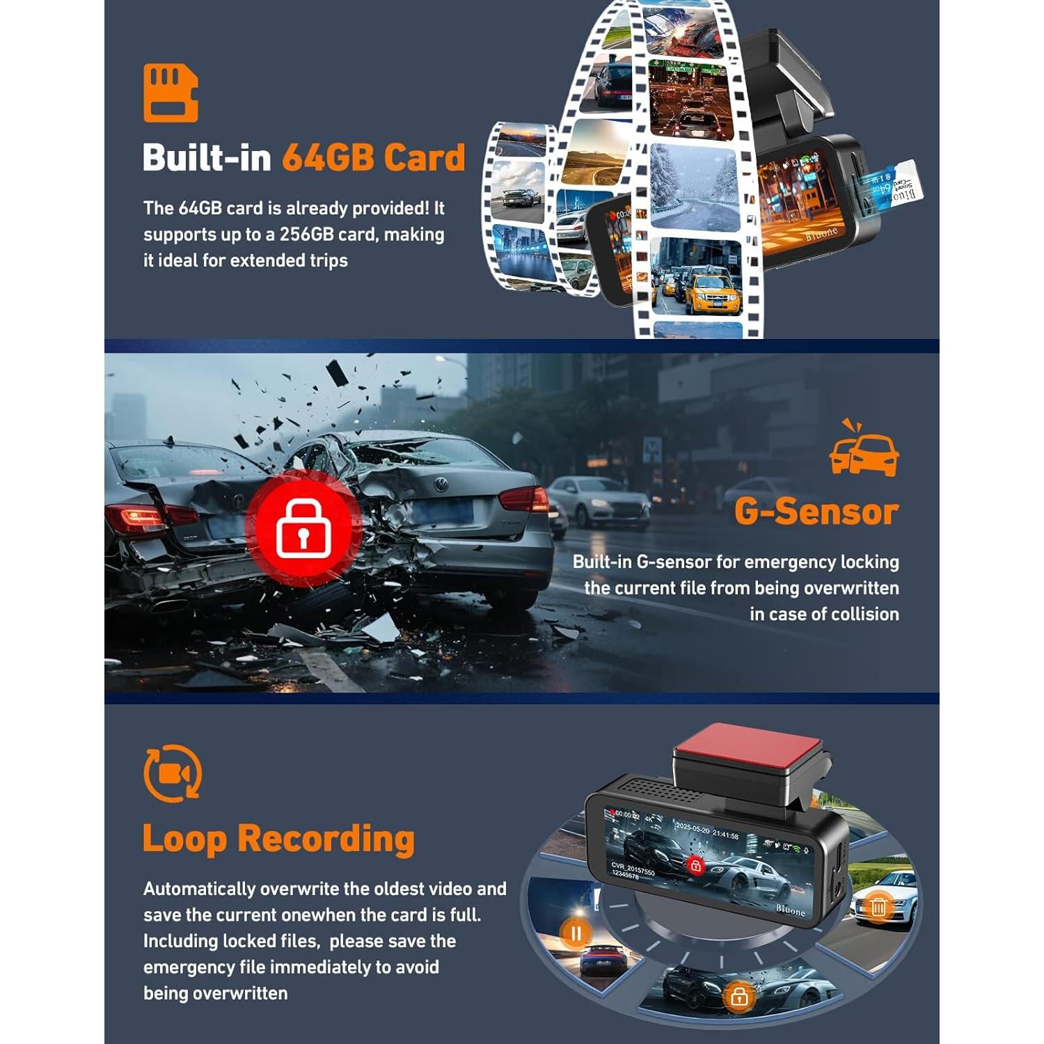 Cámara de Tablero 4K Biuone Delantera y Trasera con GPS