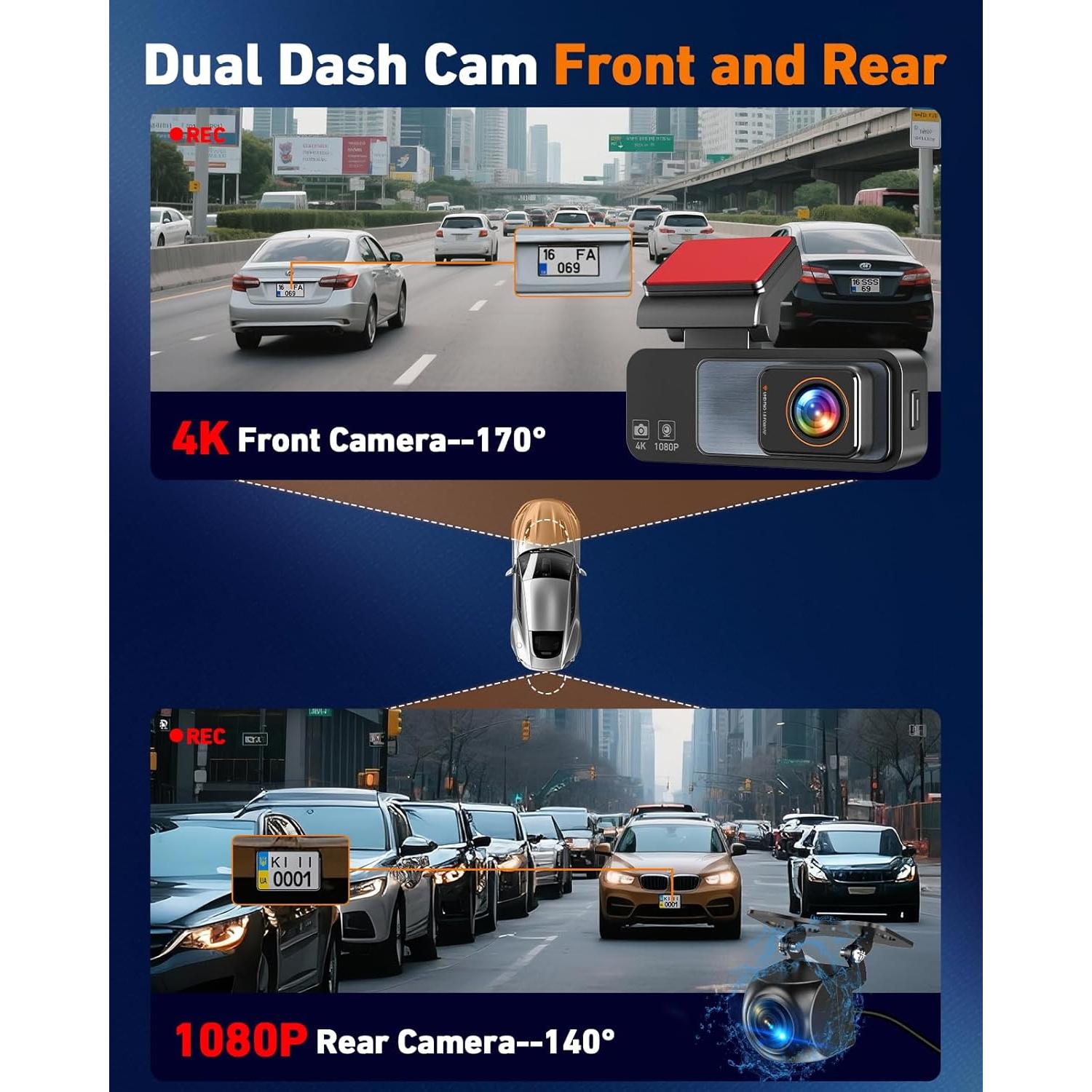 Cámara de Tablero 4K Biuone Delantera y Trasera con GPS