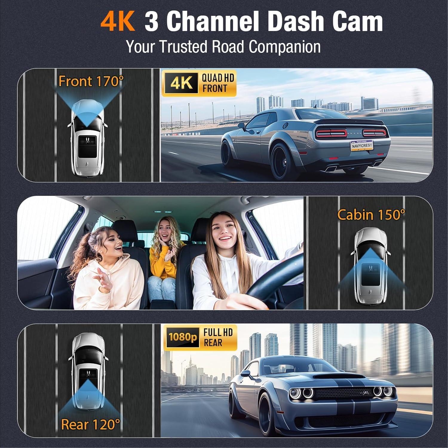 Cámara Dash 4K Qulokar 3 Canales WiFi con Tarjeta 64GB