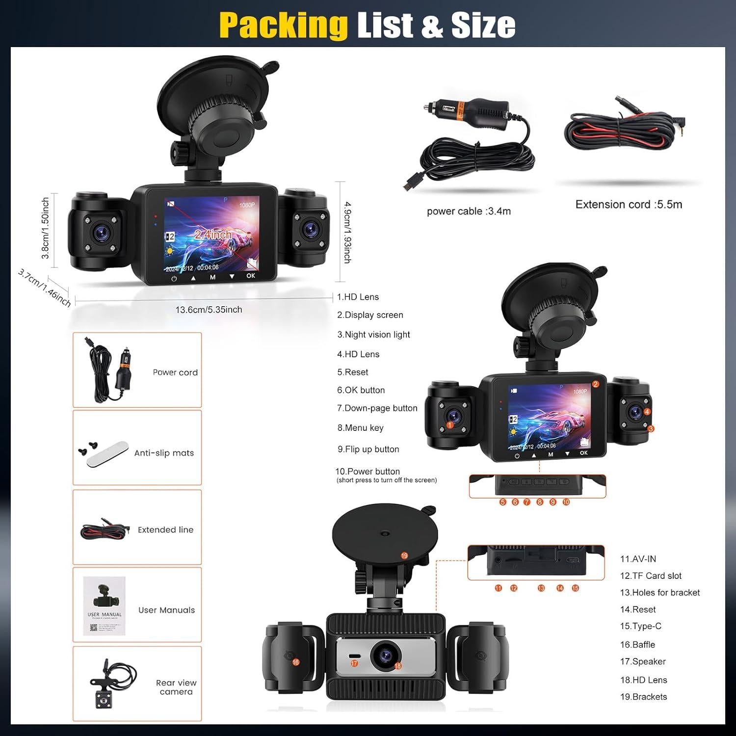 Cámara Dash 4 Canales AMprime 1080P con Visión Nocturna