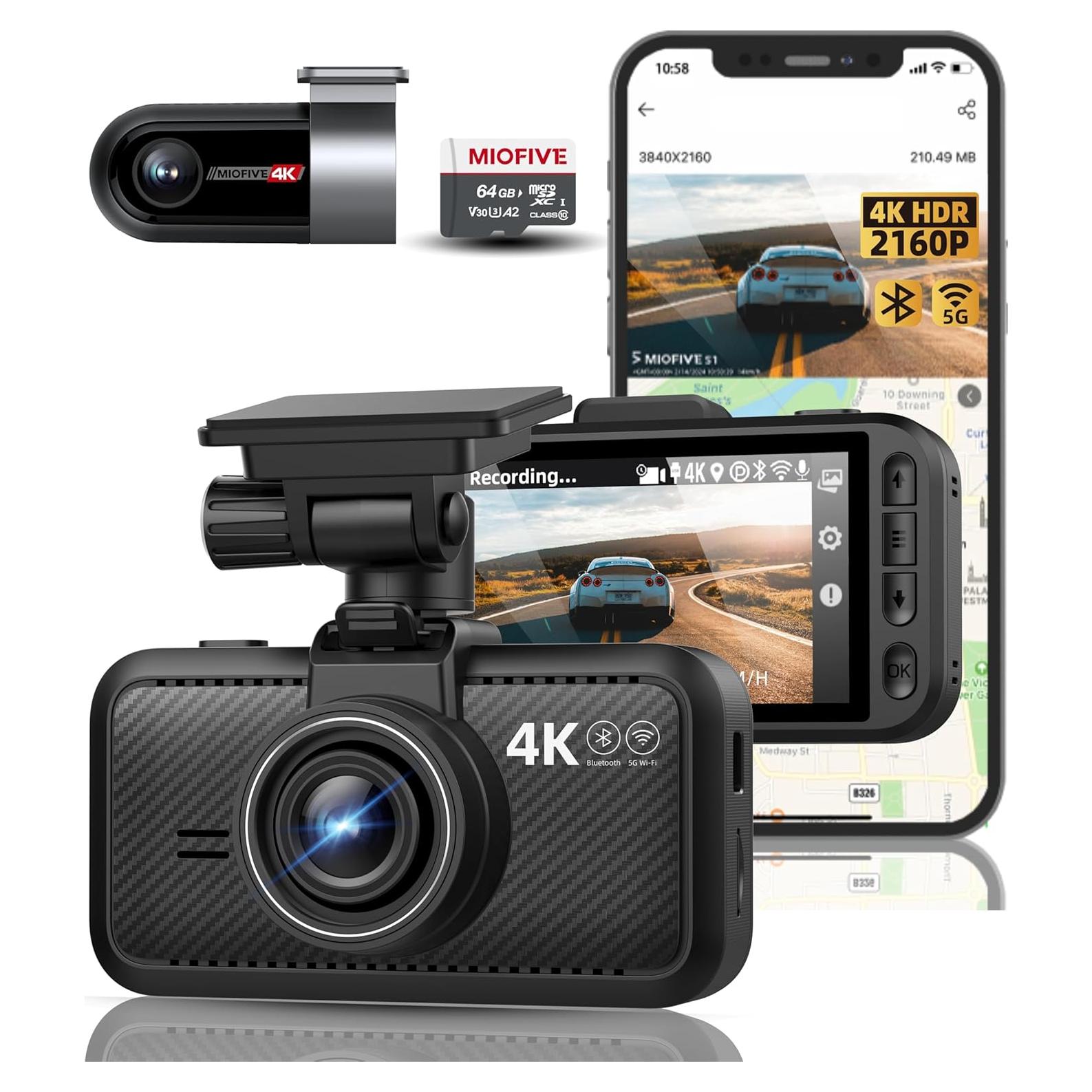 Miofive Dash Cam Car Front Rear 4K+4K WiFi Bluetooth Dash Cam with 64GB SD Card, Dual Car Camera with Parking Monitoring, Super Night Vision, HDR, G-Sensor, Loop Recording, App Control, Max 512GB