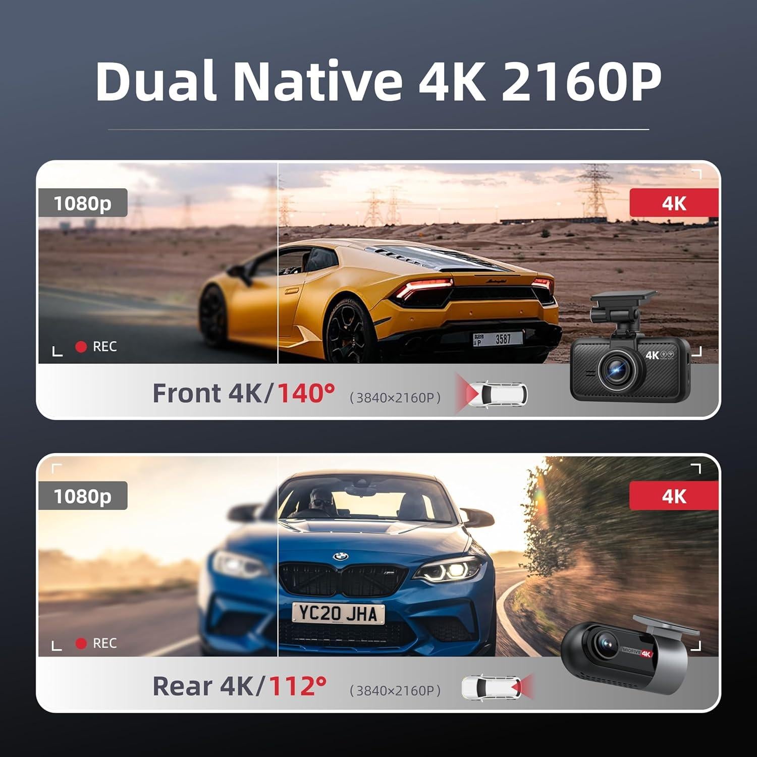 Miofive Dash Cam Car Front Rear 4K+4K WiFi Bluetooth Dash Cam with 64GB SD Card, Dual Car Camera with Parking Monitoring, Super Night Vision, HDR, G-Sensor, Loop Recording, App Control, Max 512GB