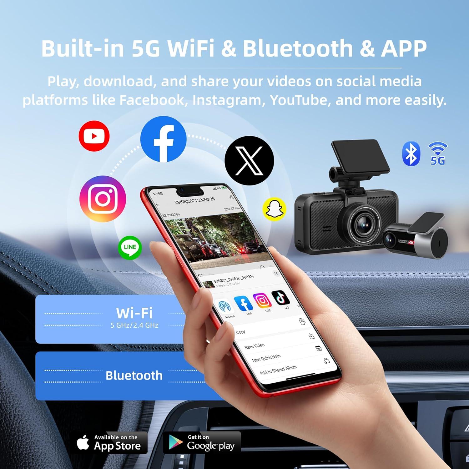 Miofive Dash Cam Car Front Rear 4K+4K WiFi Bluetooth Dash Cam with 64GB SD Card, Dual Car Camera with Parking Monitoring, Super Night Vision, HDR, G-Sensor, Loop Recording, App Control, Max 512GB