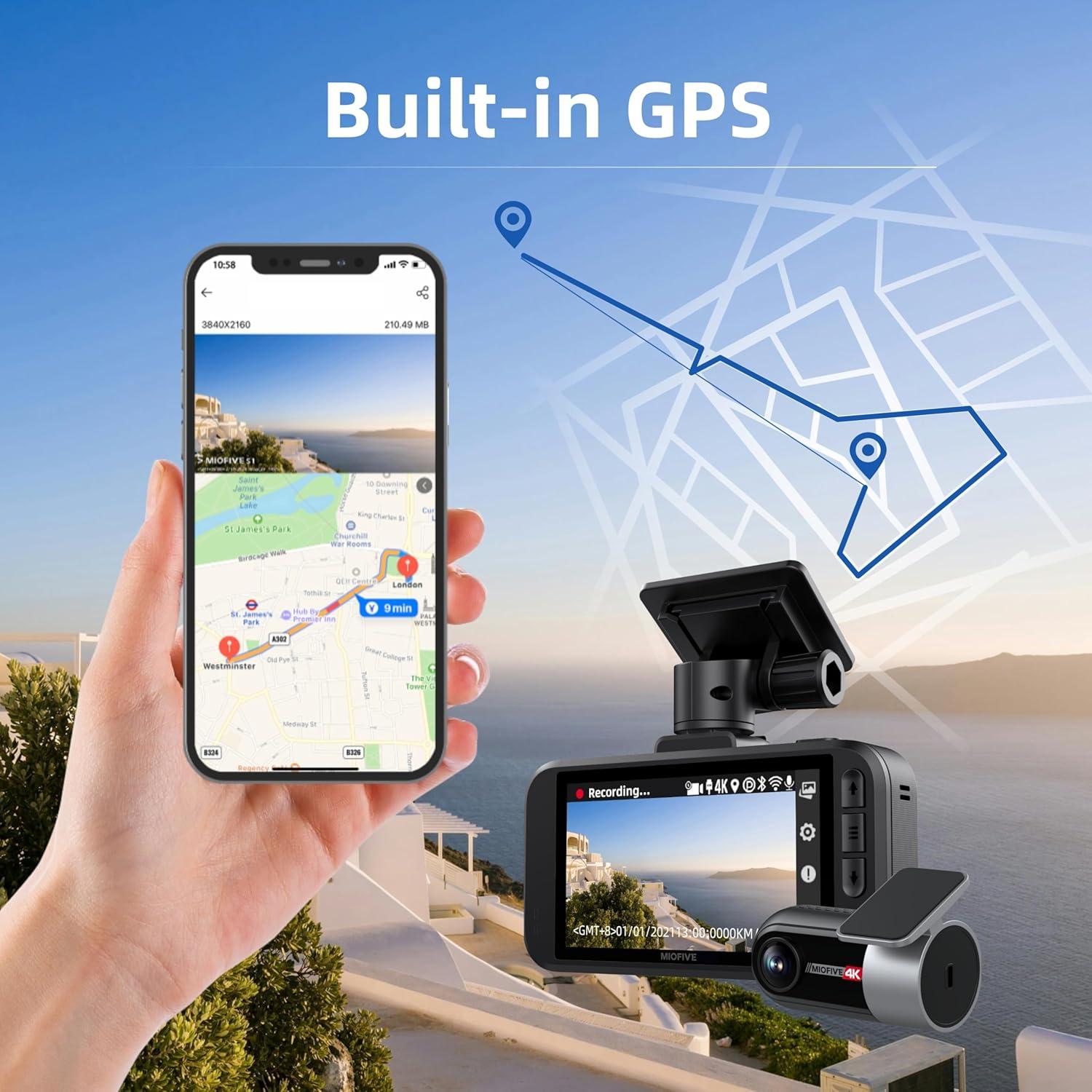 Miofive Dash Cam Car Front Rear 4K+4K WiFi Bluetooth Dash Cam with 64GB SD Card, Dual Car Camera with Parking Monitoring, Super Night Vision, HDR, G-Sensor, Loop Recording, App Control, Max 512GB