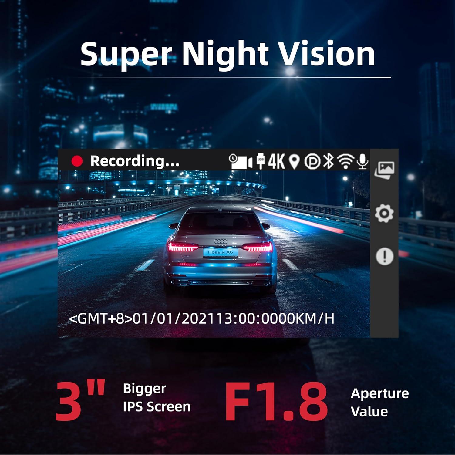 Miofive Dash Cam Car Front Rear 4K+4K WiFi Bluetooth Dash Cam with 64GB SD Card, Dual Car Camera with Parking Monitoring, Super Night Vision, HDR, G-Sensor, Loop Recording, App Control, Max 512GB