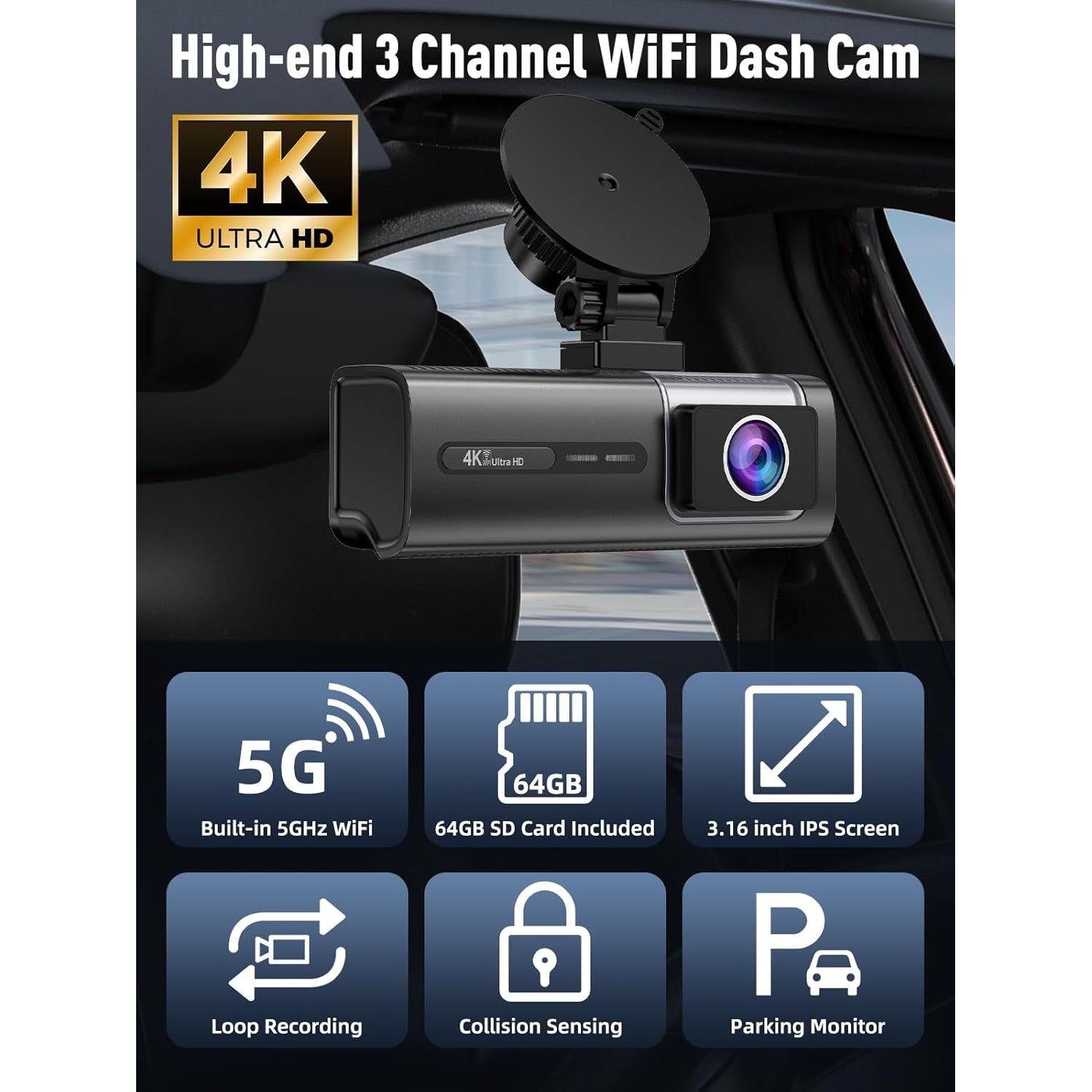 Cámara Dash HunterMax 3 Canales 4K+1080P WiFi 5G Plata