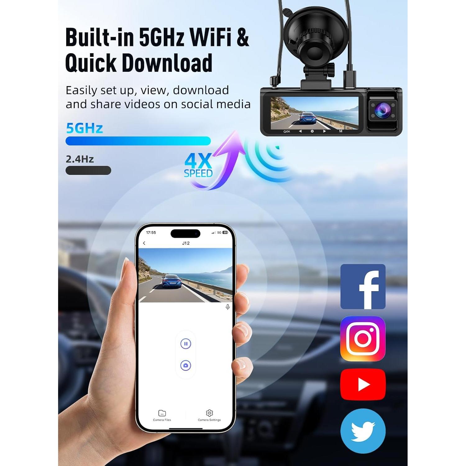 Cámara Dash HunterMax 3 Canales 4K+1080P WiFi 5G Plata