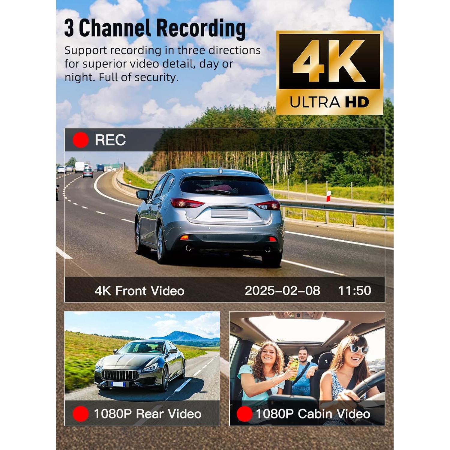 Cámara Dash HunterMax 3 Canales 4K+1080P WiFi 5G Plata