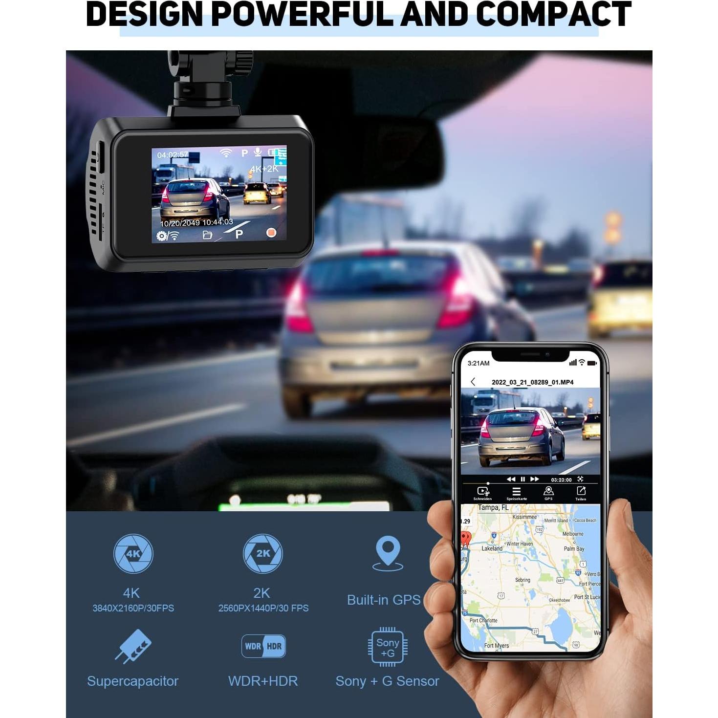 Cámara Dash 4K LAMONKE Delantera y Trasera con GPS y WiFi