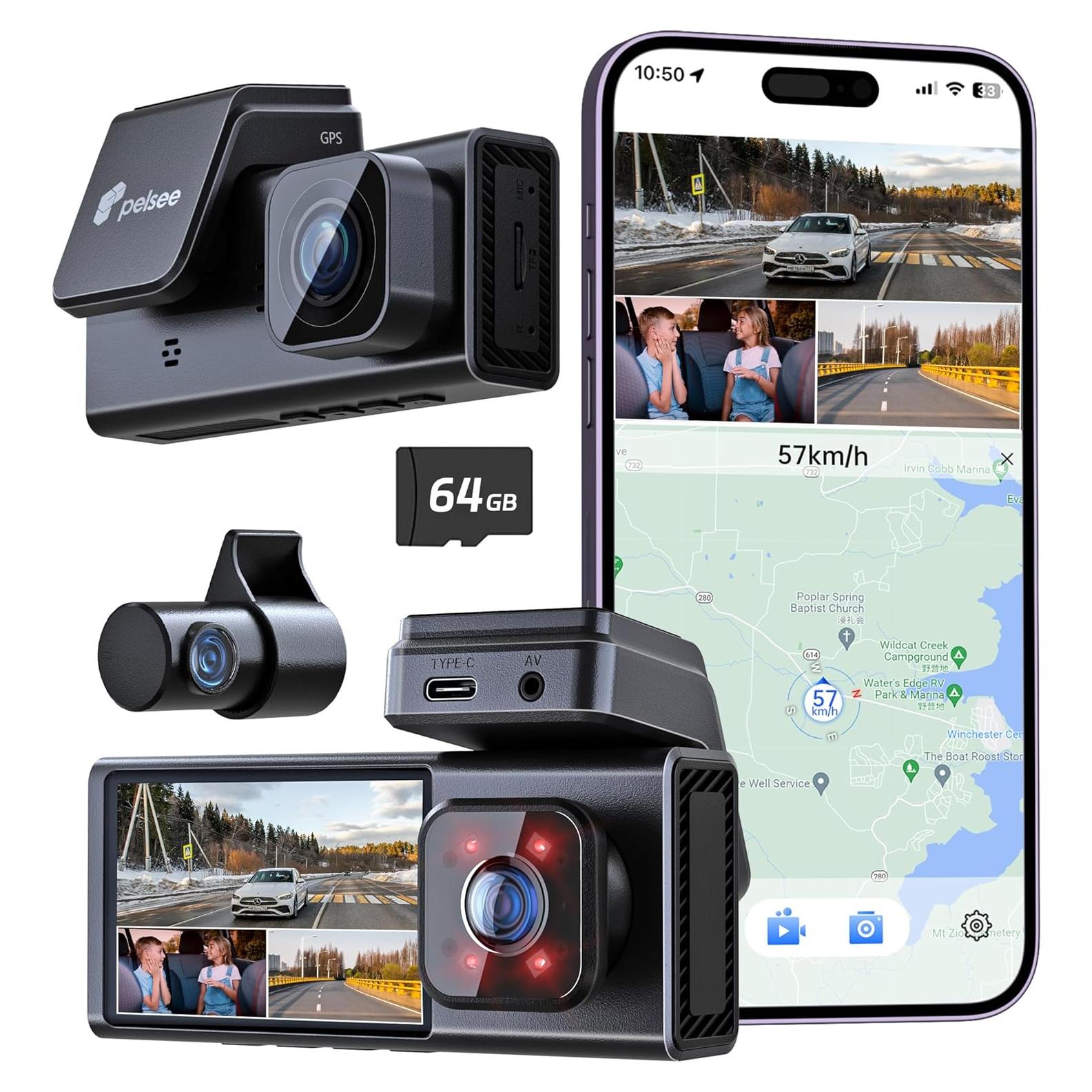 Cámara Dash Pelsee P2 Trio 4K +1080P Delantera y Trasera