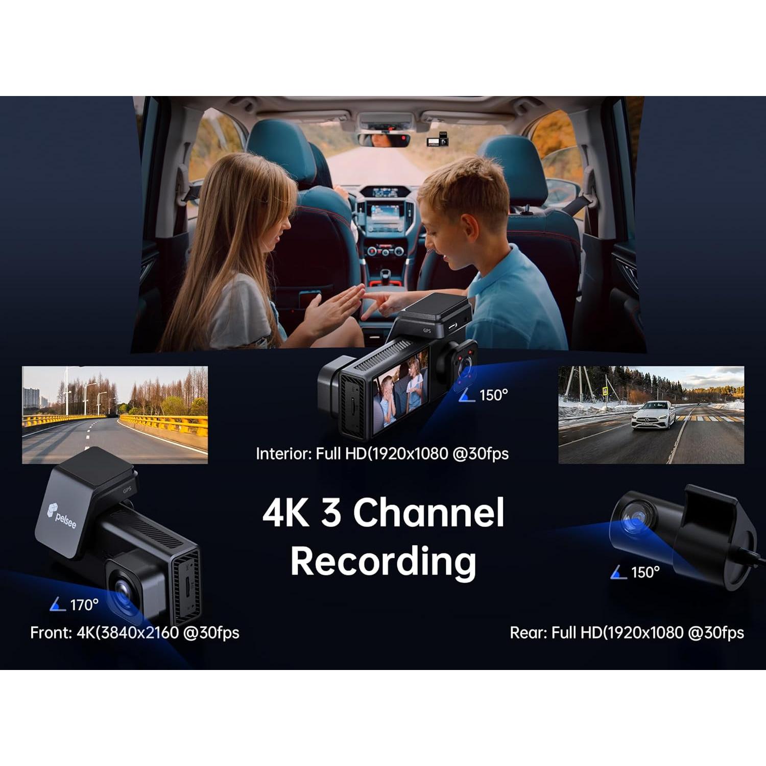 Cámara Dash Pelsee P2 Trio 4K +1080P Delantera y Trasera