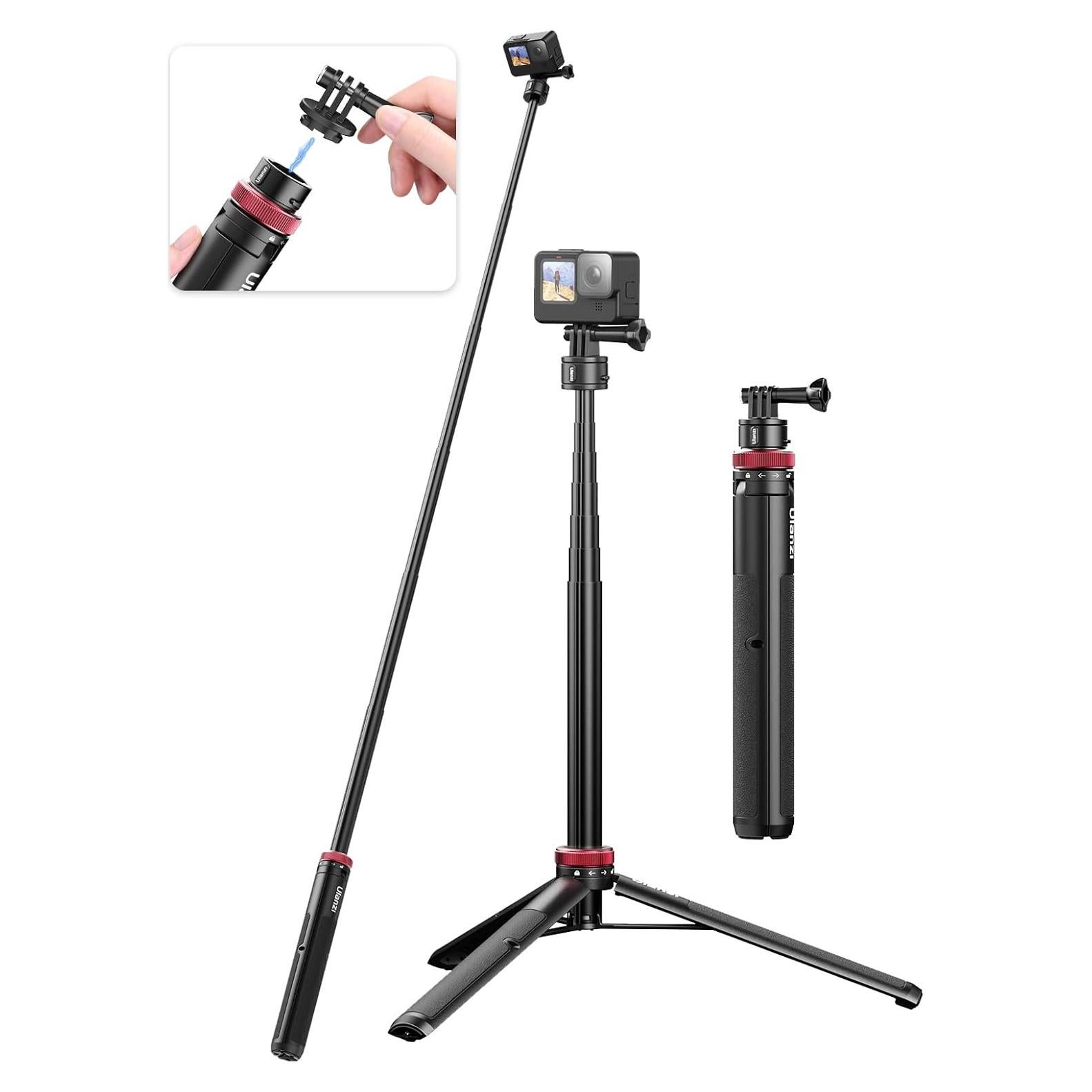 57in Extendable Selfie Tripod Accessories for Action Cameras - ULANZI Go Quick II Long Action Camera Stick Tripod Quick Release Adapter Vlog Handle Grip for Action Cameras