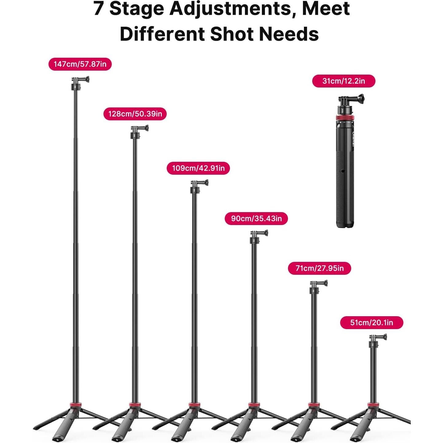 57in Extendable Selfie Tripod Accessories for Action Cameras - ULANZI Go Quick II Long Action Camera Stick Tripod Quick Release Adapter Vlog Handle Grip for Action Cameras