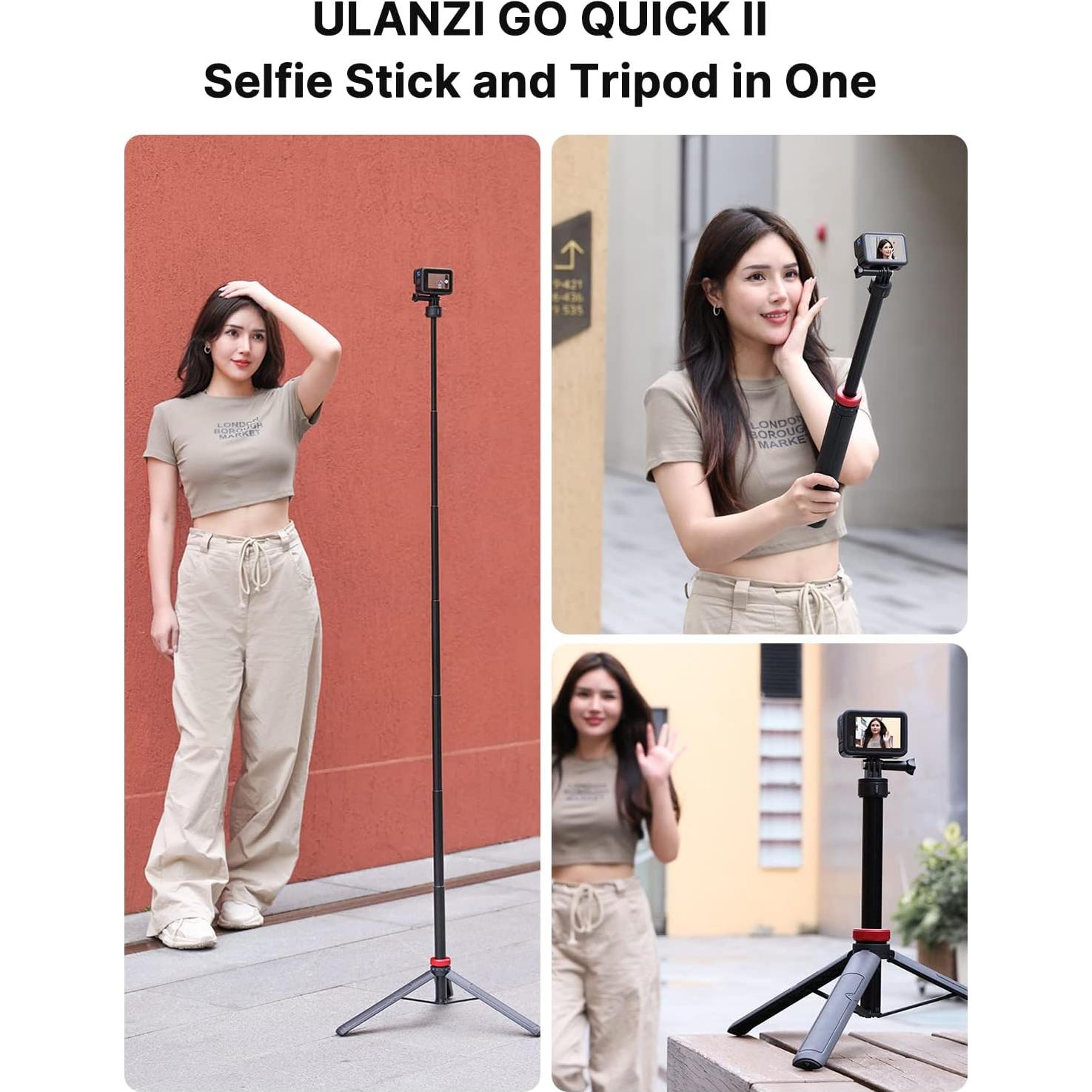 57in Extendable Selfie Tripod Accessories for Action Cameras - ULANZI Go Quick II Long Action Camera Stick Tripod Quick Release Adapter Vlog Handle Grip for Action Cameras