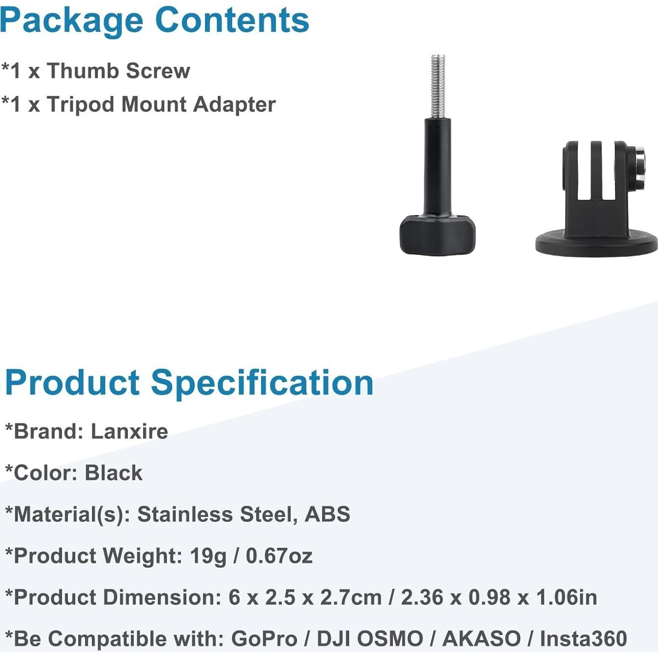 Tripod Mount Adapter 1/4" Screw for Gopro Hero 12/11/10/9/8/7/6, DJI OSMO AKASO Insta360 Action Camera, Fits for Tripod Selfie Stick Monopod and DSLR Camera Flash - 1 Pack