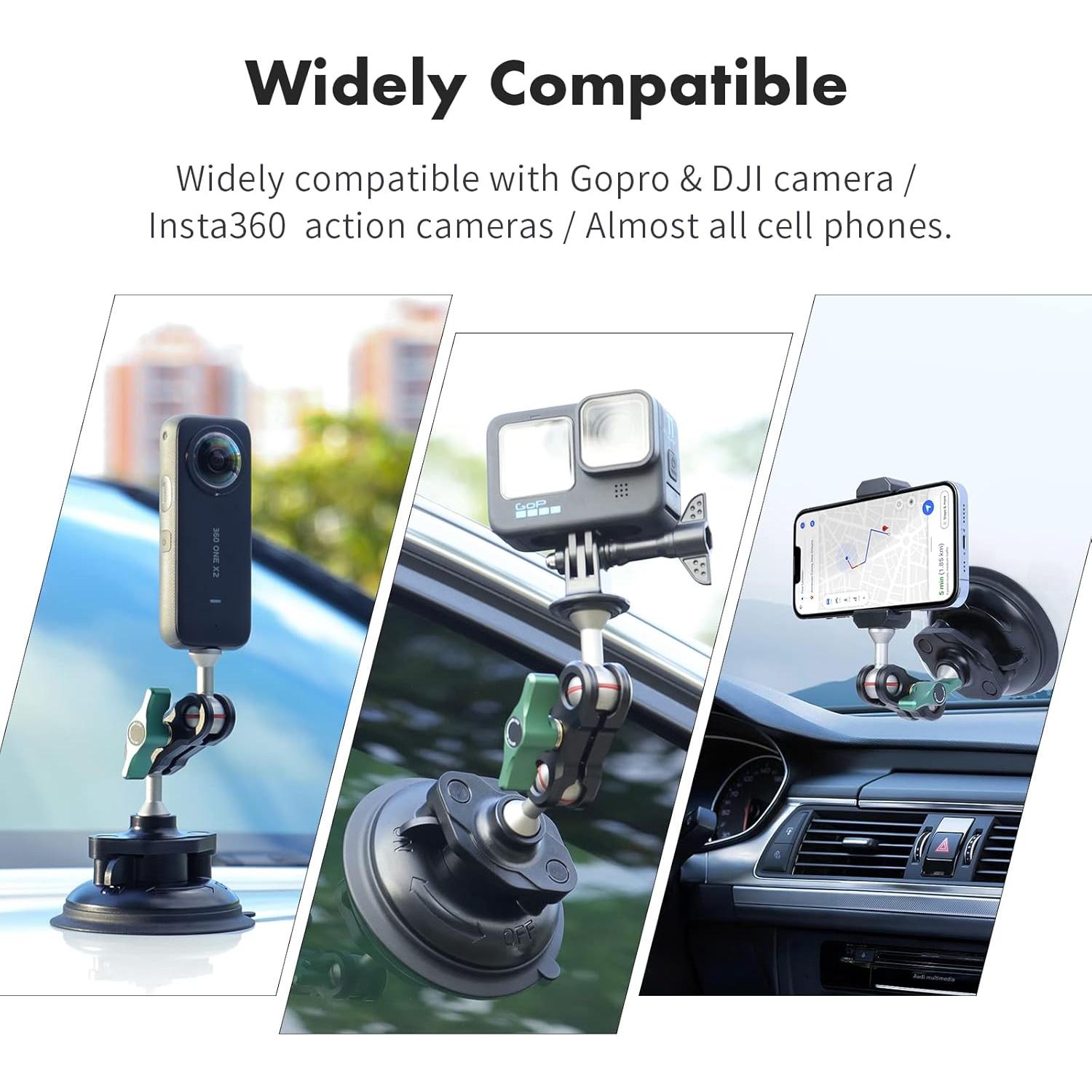 SEASKY S1 Powerful Sports Camera Suction Cup Car Mount for Gopro Hero 13/12/11/10/9/8 Black DJI Action 5/4/3/2 Pocket Insta360 X5 X4 X3 X2 Ace Pro 2 Cell Phone Holder Accessories Aluminum Alloy Metal