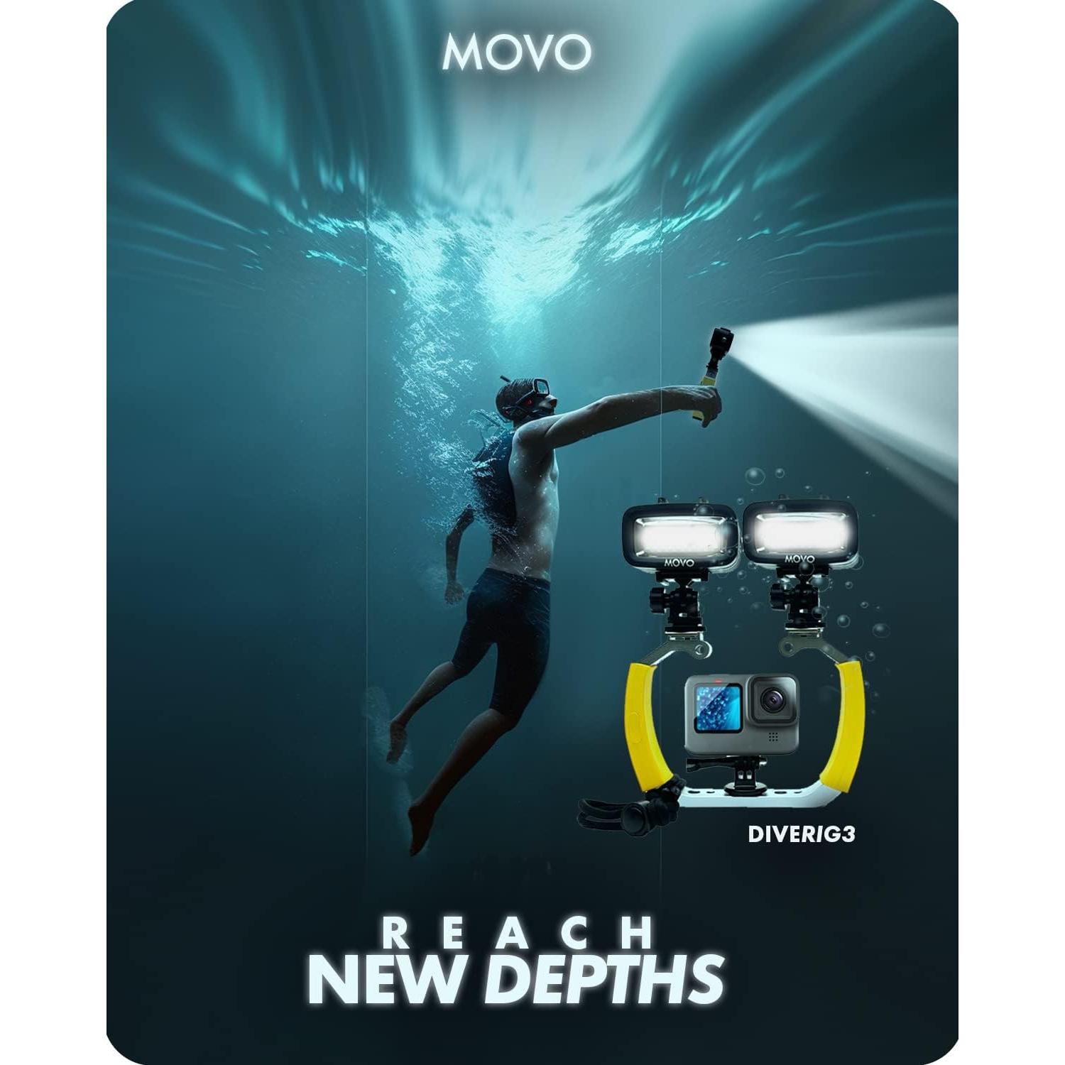 Movo DiveRig3 Diving Rig Bundle with 2 Waterproof LED Lights - Compatible with GoPro HERO3, HERO4, HERO5, HERO6, HERO7, HERO8, and DJI Osmo Action Cam - Scuba Accessories for Underwater Camera