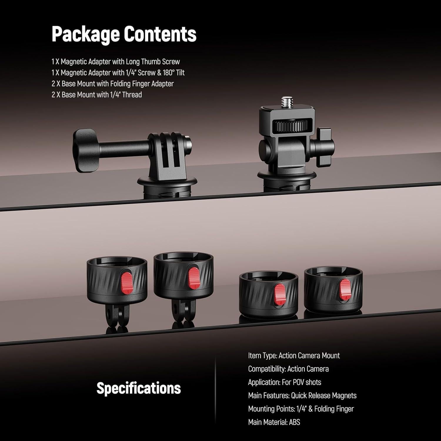 NEEWER Magnetic Action Camera Mount Kit, Compatible with GoPro Hero 13 12 11 Max DJI Osmo Action Insta360, ABS Magnetic Quick Release Mount for POV Shots, GP-24