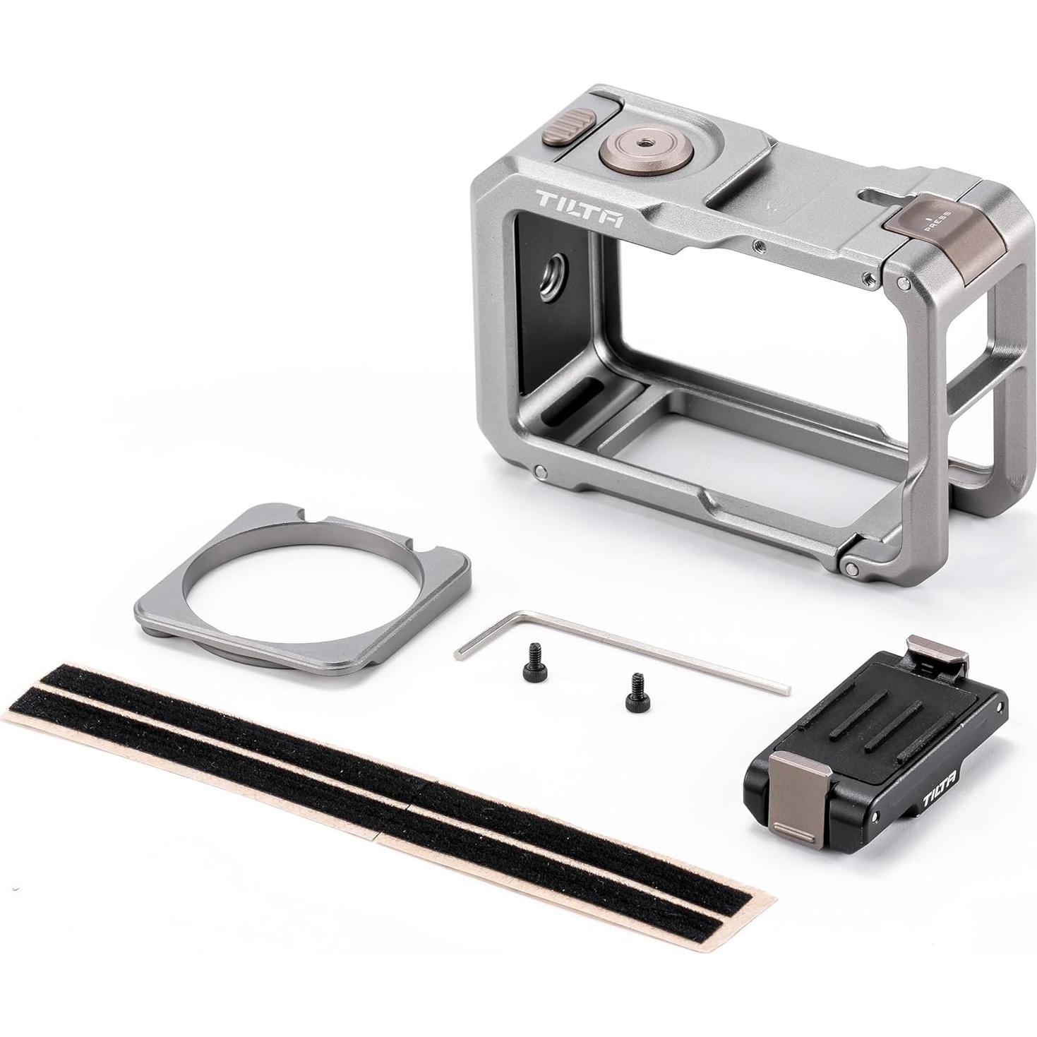 Tilta Full Camera Cage Base Kit Compatible with DJI Osmo Action 3, Action 4, Action 5 Pro (Titanium Gray) | Magnetic 1/4″-20 Baseplate | Cold Shoe Mounts | Magnetic Mount Design | Shock-Absorbing