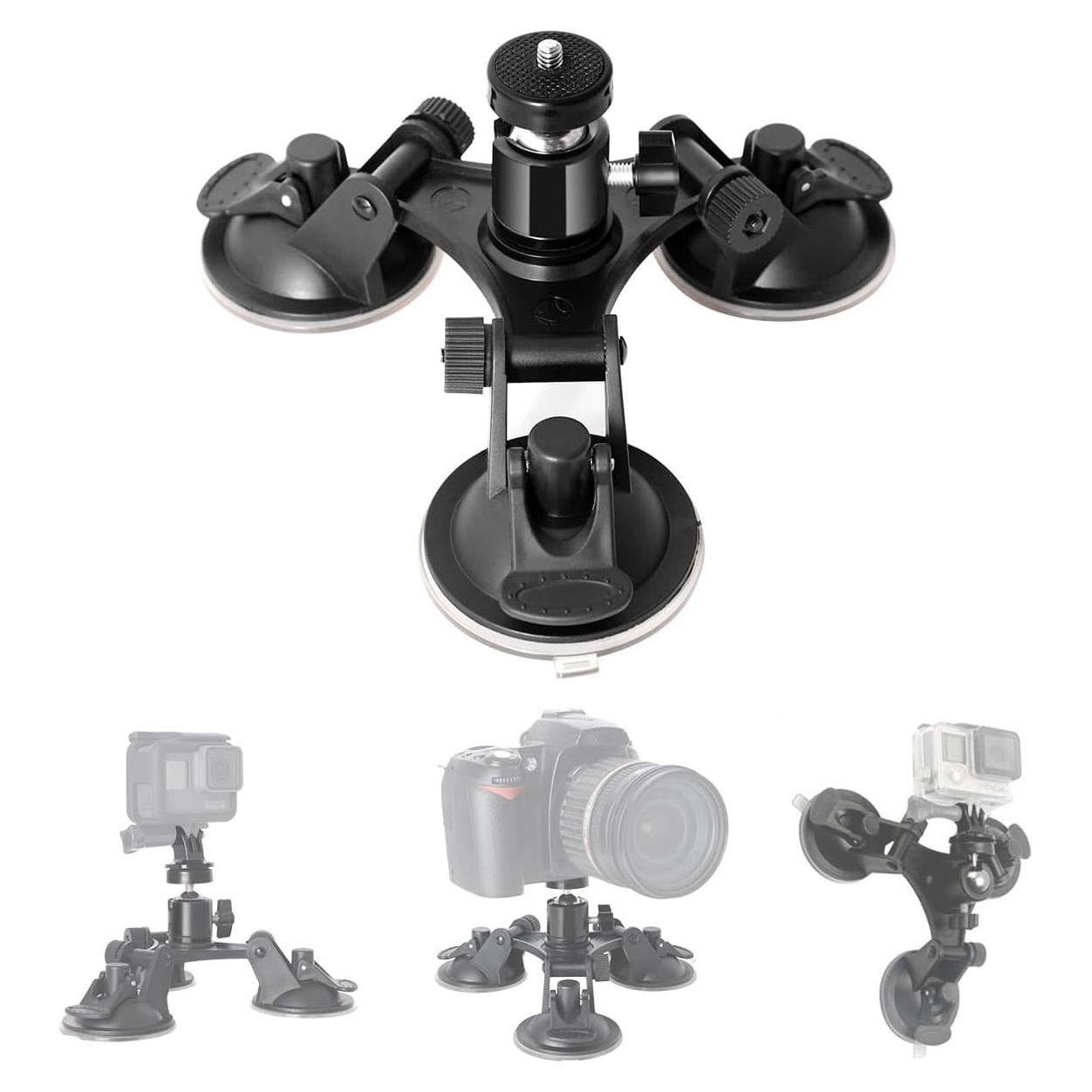 3-Cup Action Camera Suction Cup Mount Motion Camcorder Car Windshield Hood Door Trunk Lid Holder/w Ball Head Compatible with GoPro Sony DJI OSMO Action Akaso Apeman YI Sports DV Cam Vehicle Mounts