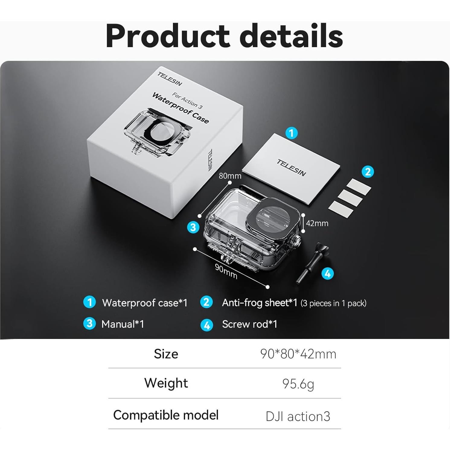 Funda Impermeable TELESIN para Cámara DJI Action 3/4/5 Pro 45m