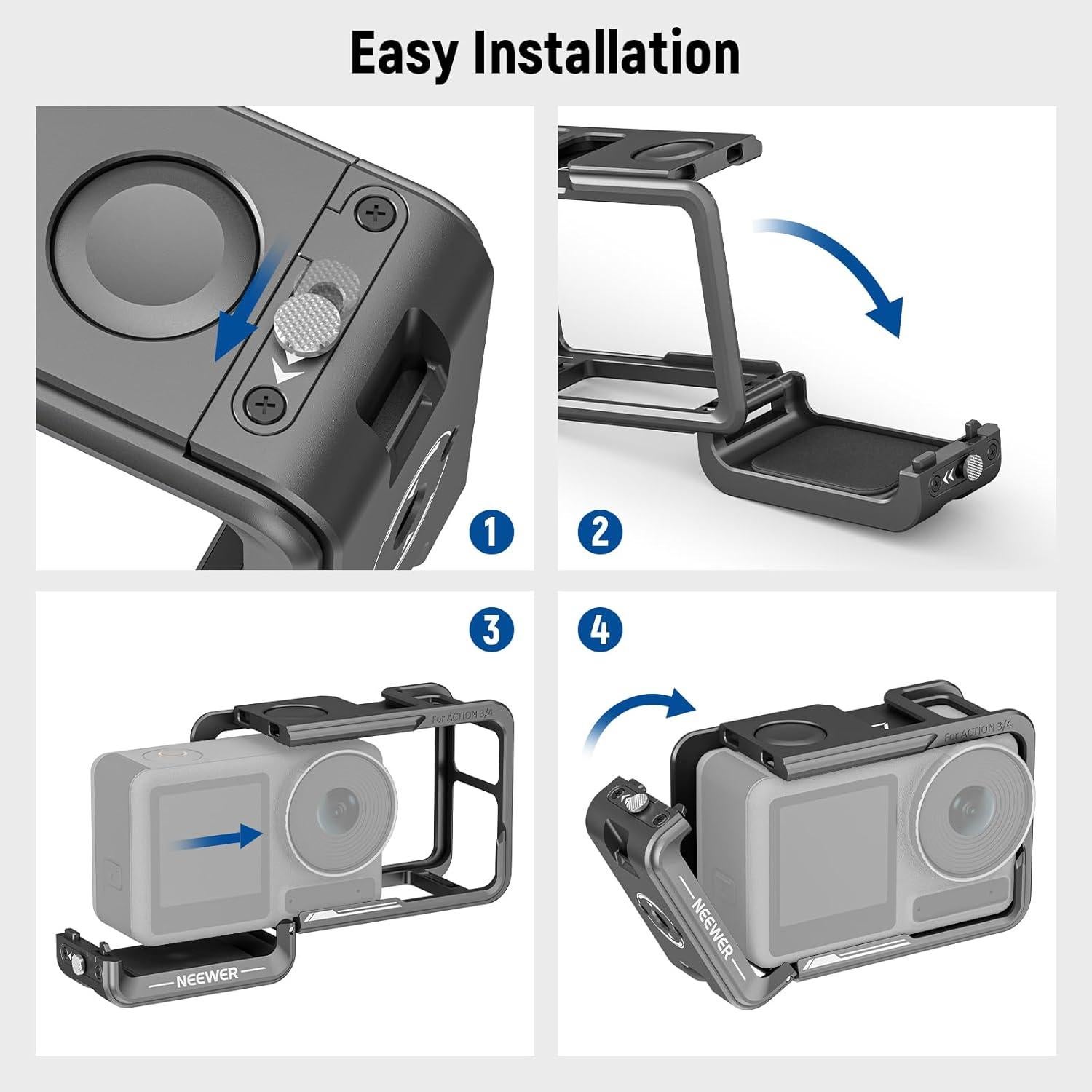 Action 4 Action 3 Camera Cage, Metal Protective Video Rig for Osmo Action 4 3 Compatible with DJI Mic, with Cold Shoe, 1/4" Thread, Shutter Button, Compatible with Orignal Magnetic Mount, AC004