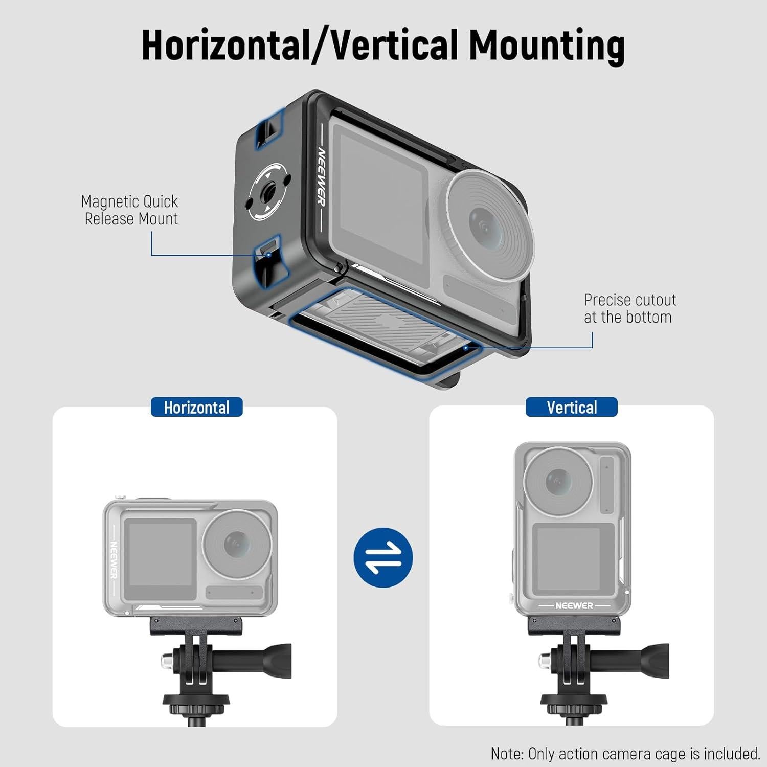 Action 4 Action 3 Camera Cage, Metal Protective Video Rig for Osmo Action 4 3 Compatible with DJI Mic, with Cold Shoe, 1/4" Thread, Shutter Button, Compatible with Orignal Magnetic Mount, AC004