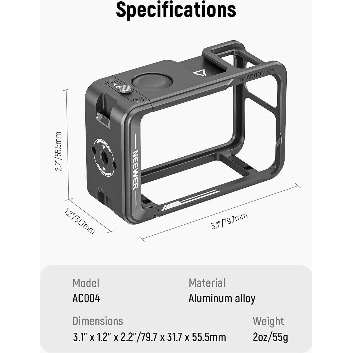 Action 4 Action 3 Camera Cage, Metal Protective Video Rig for Osmo Action 4 3 Compatible with DJI Mic, with Cold Shoe, 1/4" Thread, Shutter Button, Compatible with Orignal Magnetic Mount, AC004