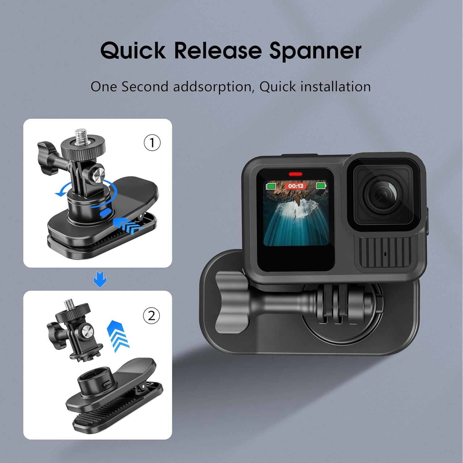 Backpack Strap Quick Clip Mount for DJI Osmo 360 Action 6 5 Nano for Insta360 Go Ultra X5 X4 for Gopro Hero 13 12 11 10 MAX 2, 360° Rotation Magnetic Clamp for AKASO EK7000/Brave Accessories